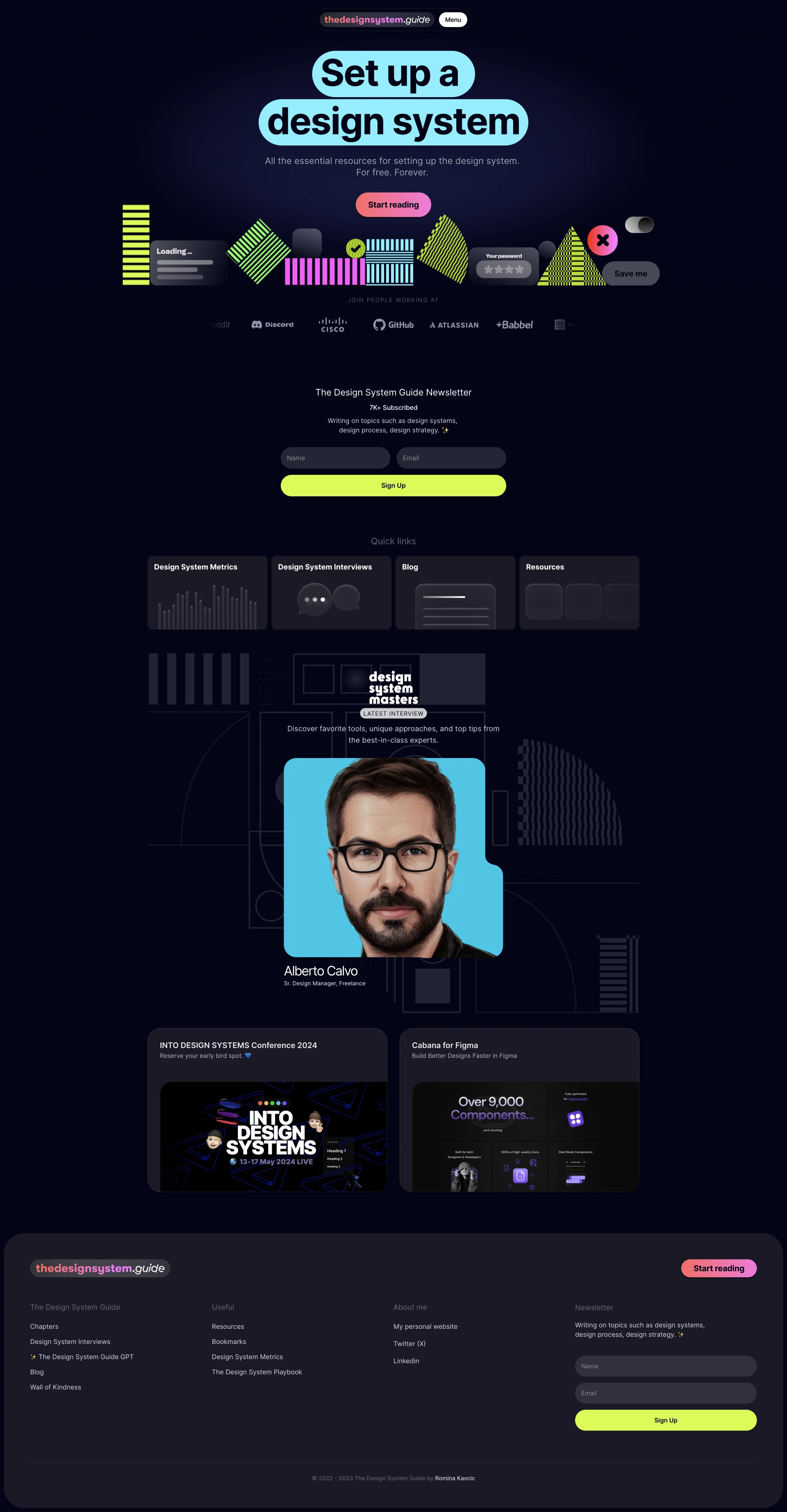 The Design System Guide Landing Page Example: Set Up a Design System. Guide, Resources, Useful Tools, Checklists. All the essential resources for setting up the design system.