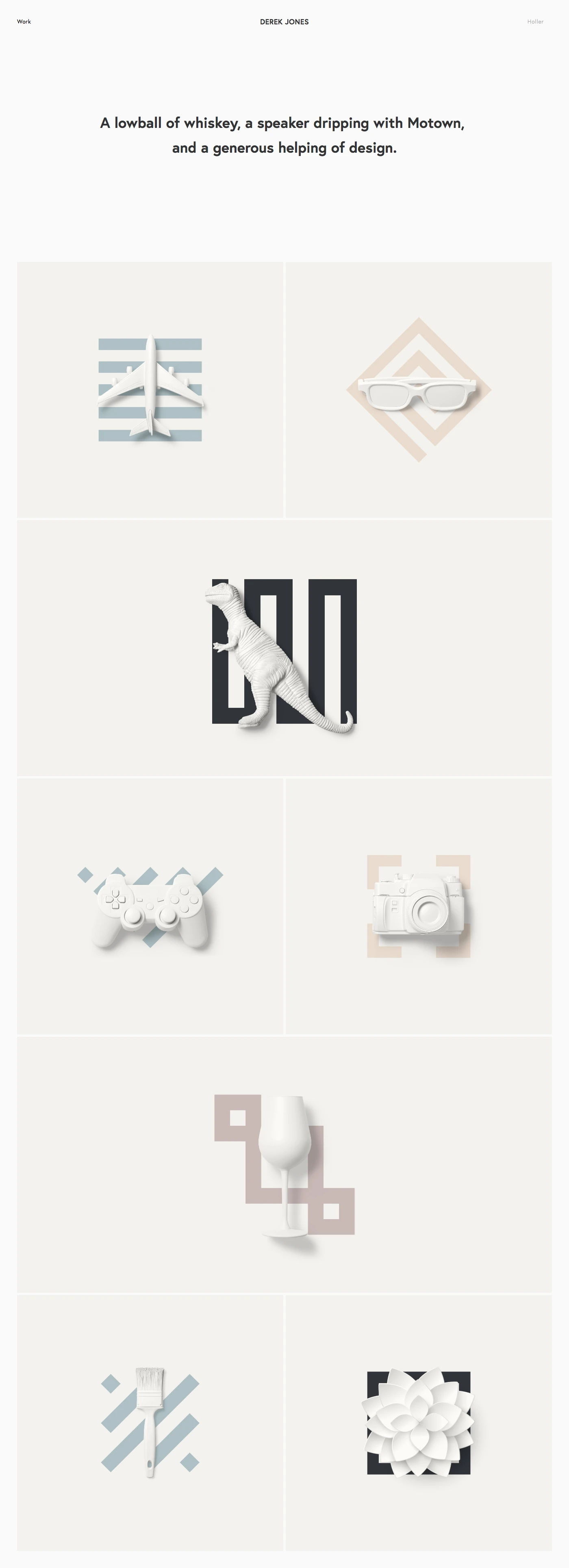Derek Jones Landing Page Example: Creative Director. Portfolio of web, app, and digital product design. A lowball of whiskey, a speaker dripping with Motown, and a generous helping of design.