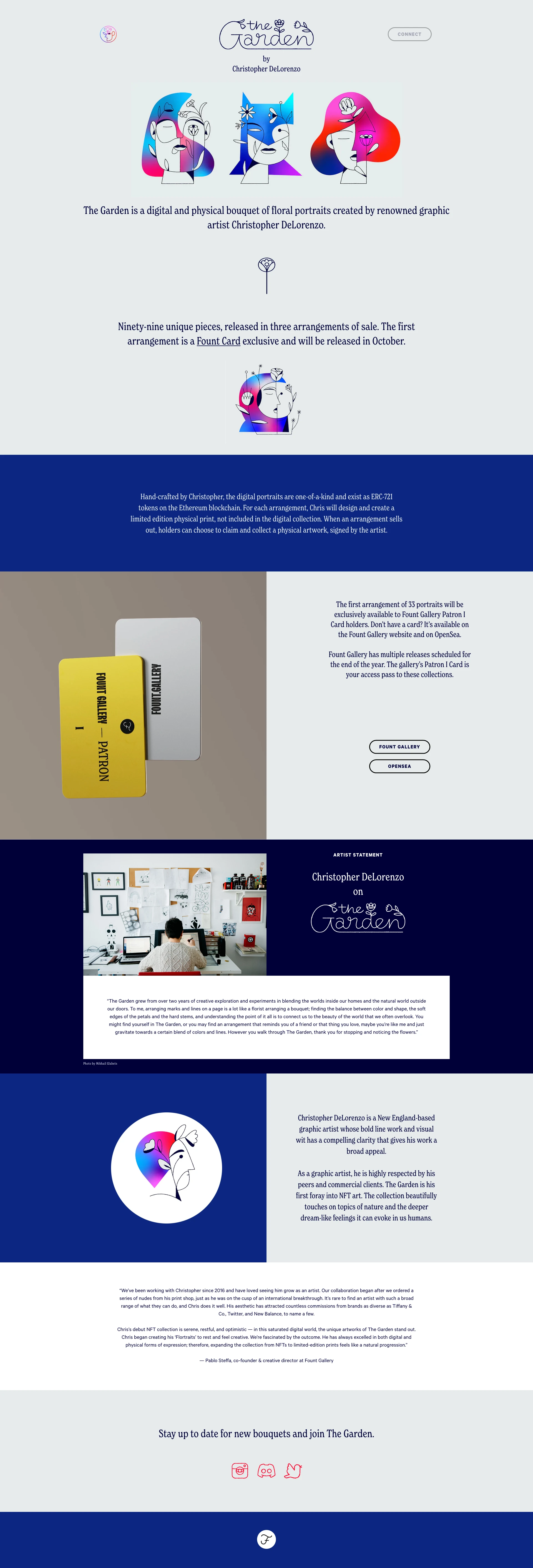 The Garden Landing Page Example: The Garden is a digital and physical bouquet of floral portraits created by renowned graphic artist Christopher DeLorenzo.