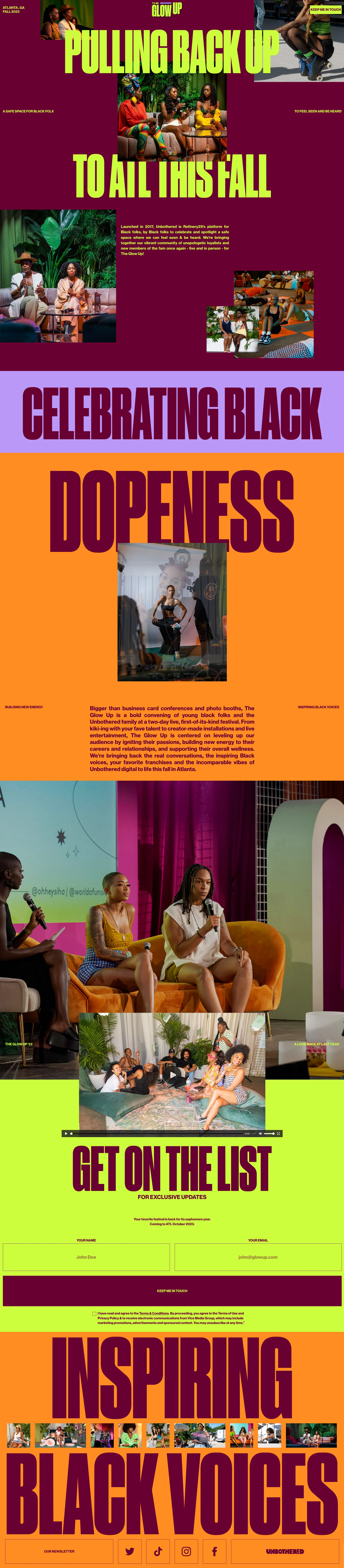 The Glow Up Festival 2023 Landing Page Example: Taking place in Atlanta, GA - October 2023. We're bringing together Unbothered's vibrant community of unapologetic loyalists and new members of the fam once again - live and in person - for The Glow Up!