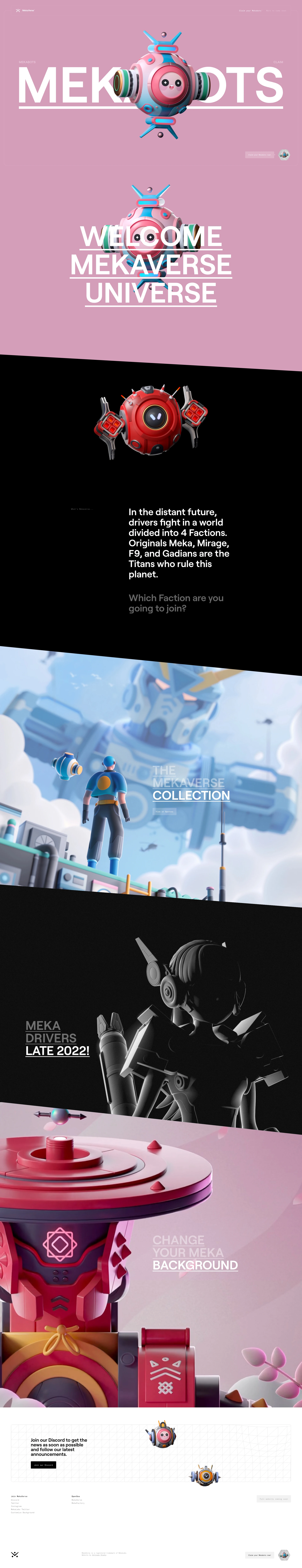 MekaVerse Landing Page Example: The MekaVerse is a series of 8,888 generative Mekas with more than a hundreds elements inspired from the Japanese and Mecha universe. Each piece is unique and has its own colors palette and research.
