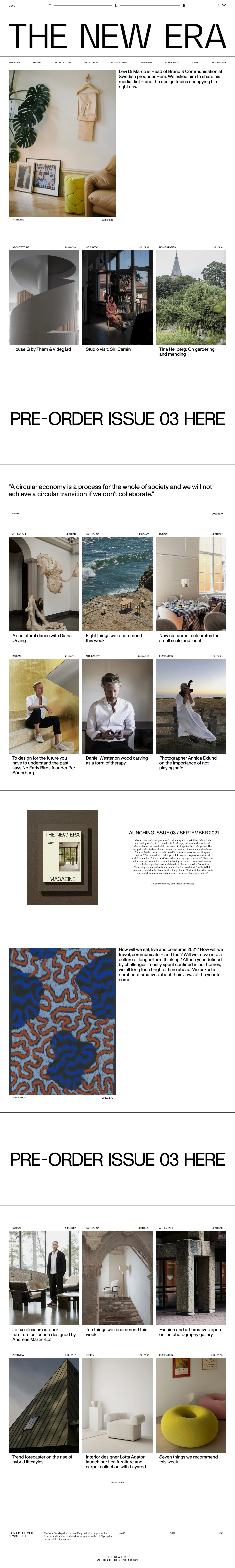The New Era Magazine Landing Page Example: The New Era Magazine is a beautifully crafted print publication focusing on Scandinavian interiors, design, art and craft.