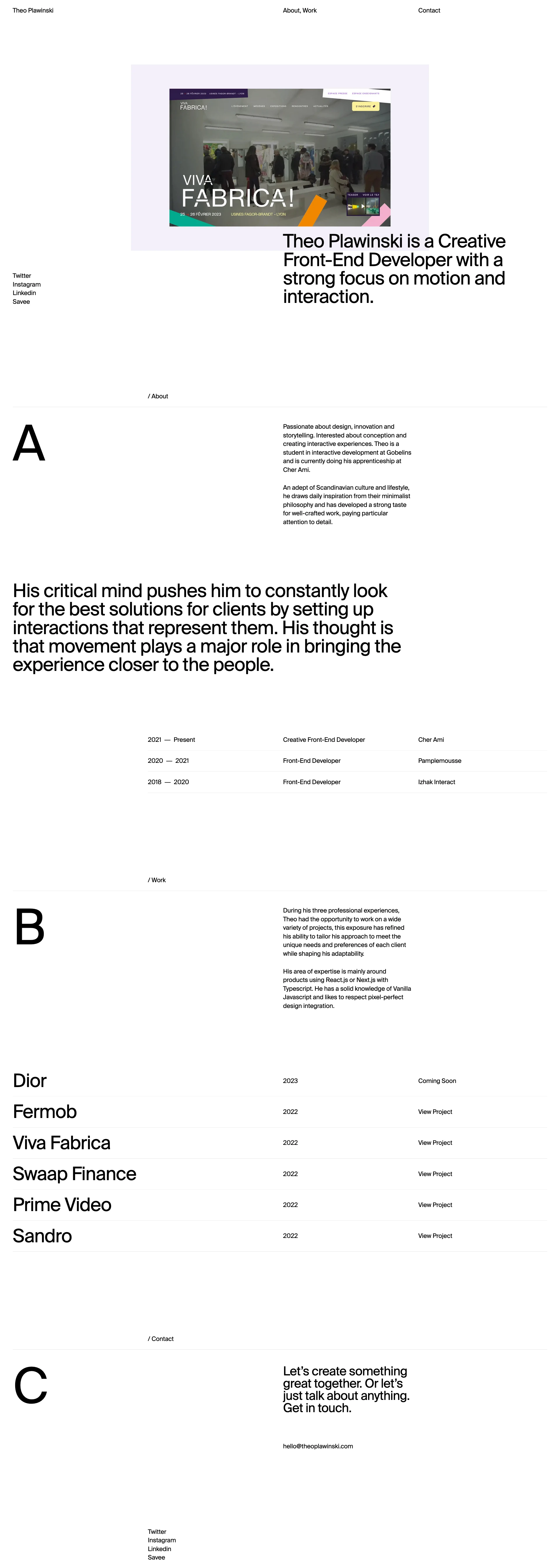 Theo Plawinski Landing Page Example: Theo Plawinski is a Creative Front-End Developer with a strong focus on motion and interaction.