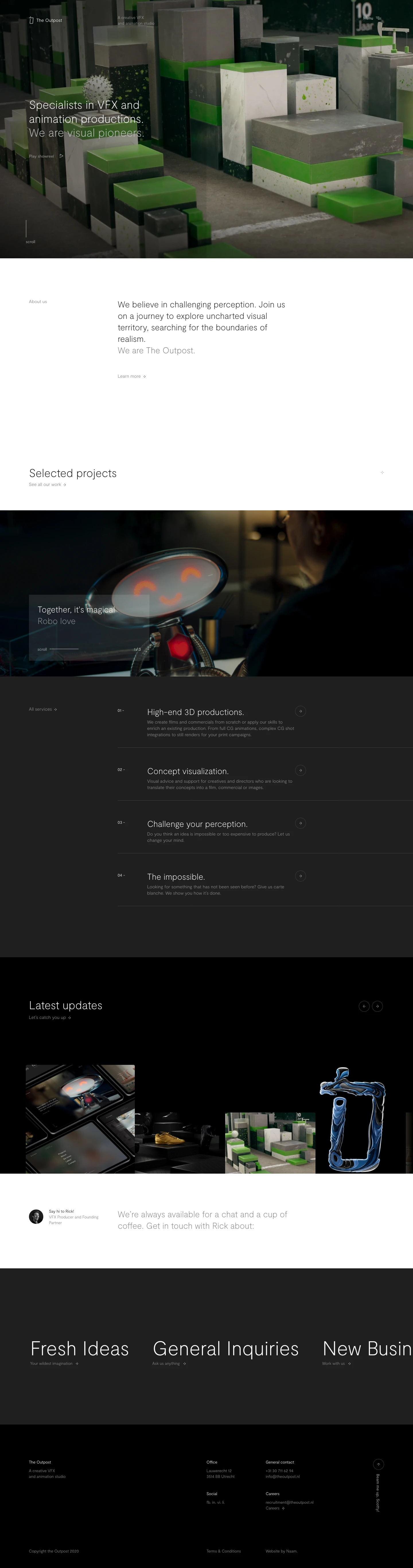 The Outpost Landing Page Example: Specialists in VFX and animation productions. We believe in challenging perception. Join us on a journey to explore uncharted visual territory, searching for the boundaries of realism.