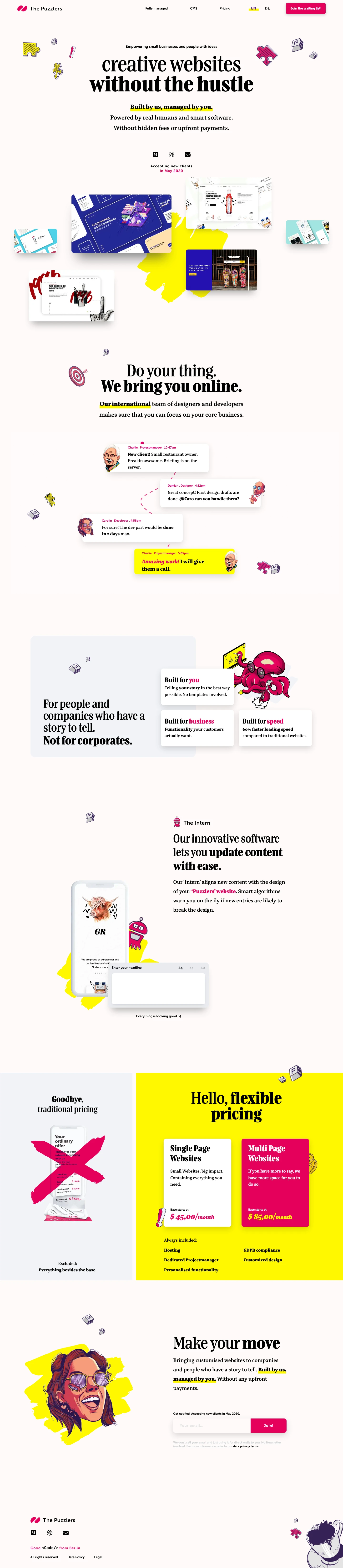 The Puzzlers Landing Page Example: We build websites as a service and our innovative cms lets manage you everything afterwards. No upfront payment needed.