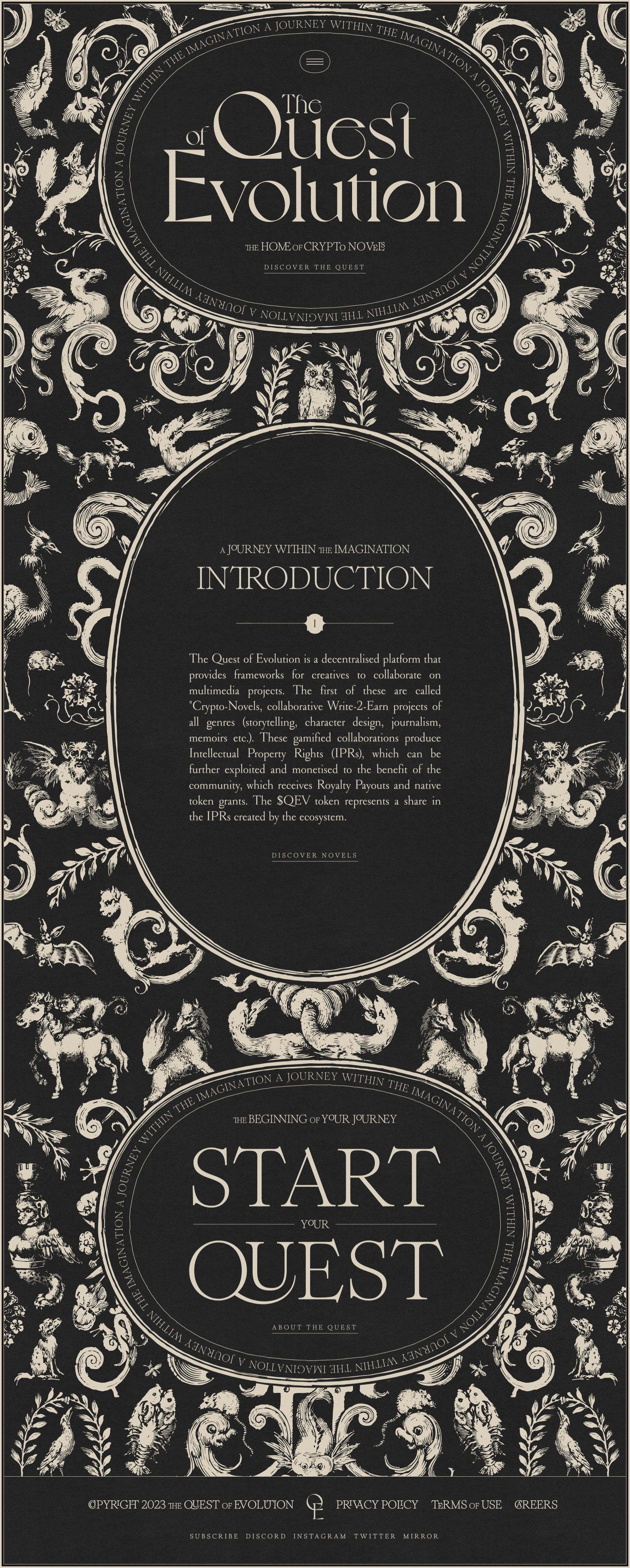 The Quest of Evolution Landing Page Example: Creative collaboration between talents. A web3 platform for creative talents collaborating with each other to bring to life unique creative project ideas.