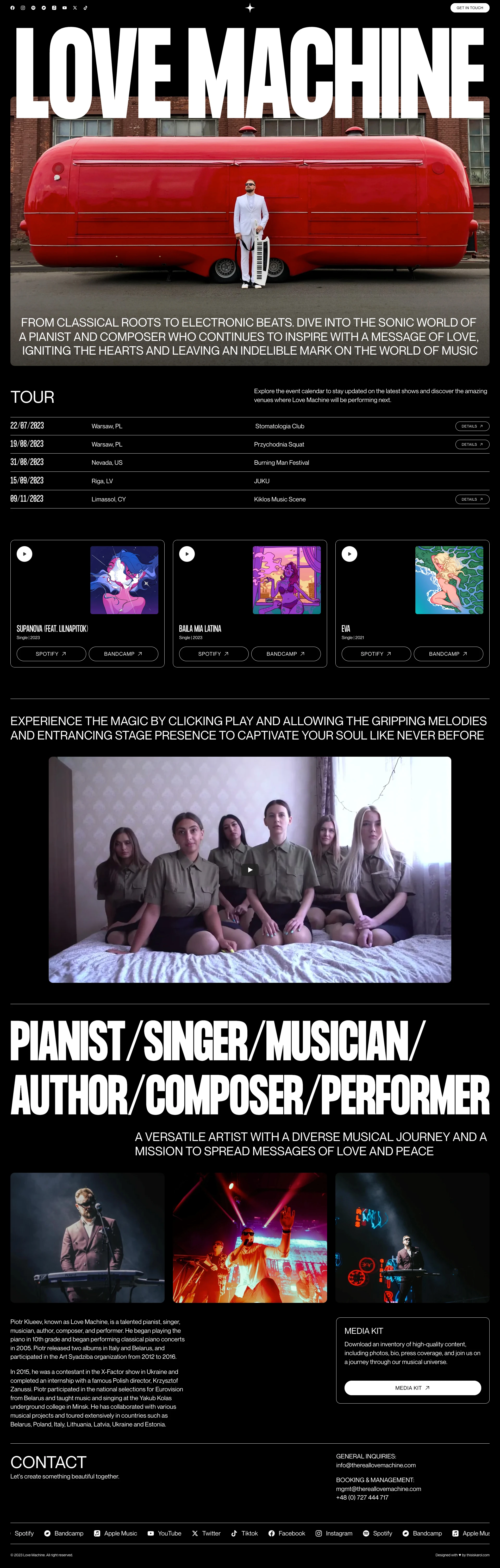 Love Machine Landing Page Example: From classical roots to electronic beats. Dive into the sonic world of Piotr Klueev, known as Love Machine, a versatile artist with a diverse musical journey and a mission to spread messages of love and peace.