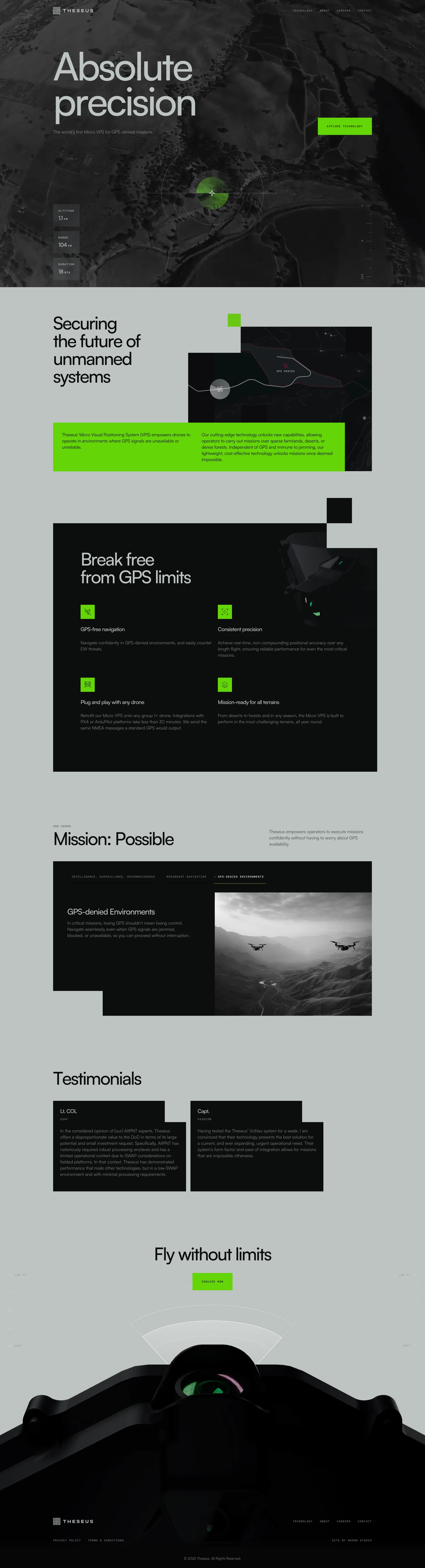 Theseus Landing Page Example: The world’s first Micro VPS for GPS-denied missions. At Theseus, we believe that the future is unmanned. We are building aerospace grade systems at consumer prices and volumes to ensure the freedom of tomorrow's platforms.