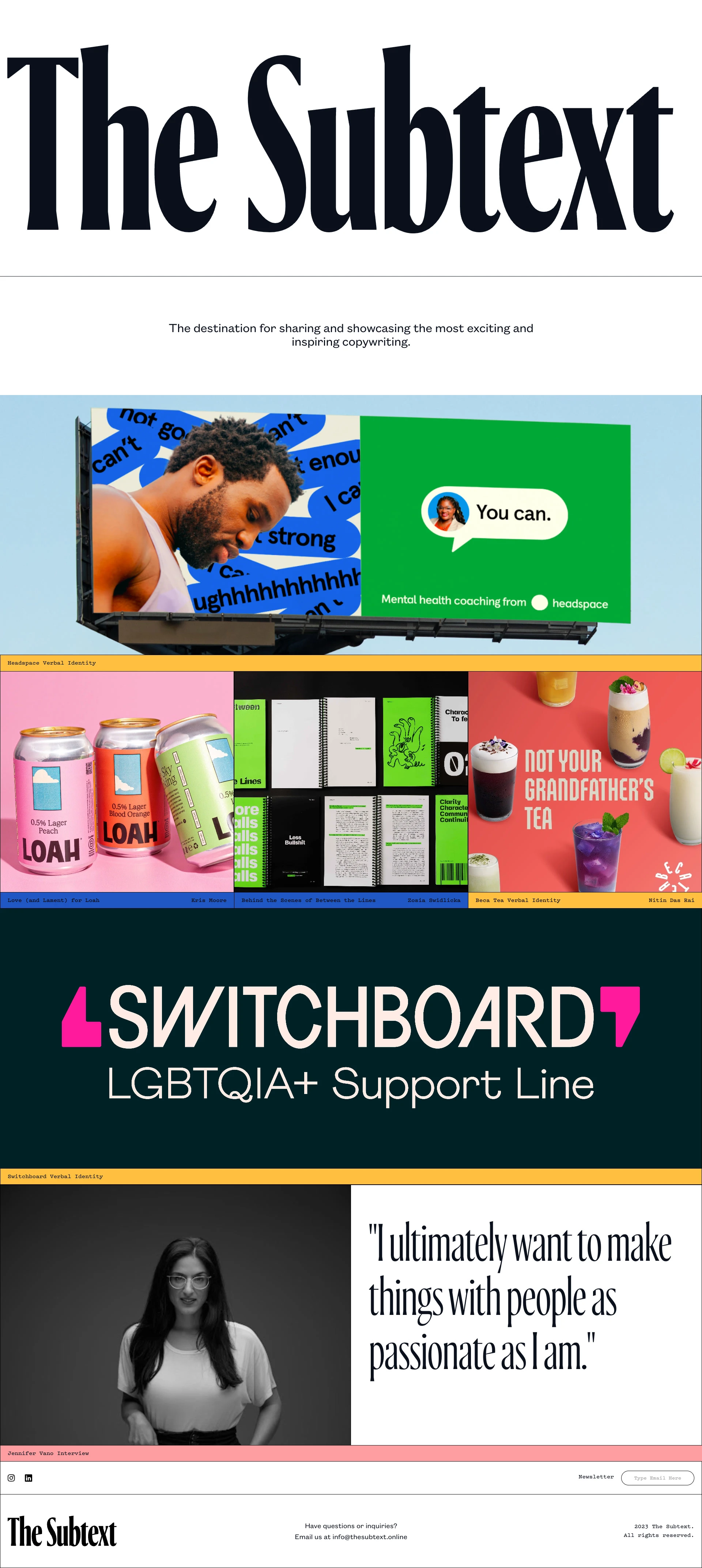 The Subtext Landing Page Example: Discover a treasure trove of copywriting resources, engaging articles, and showcase your work with The Subtext. A Platform where copywriting brilliance is celebrated and shared.