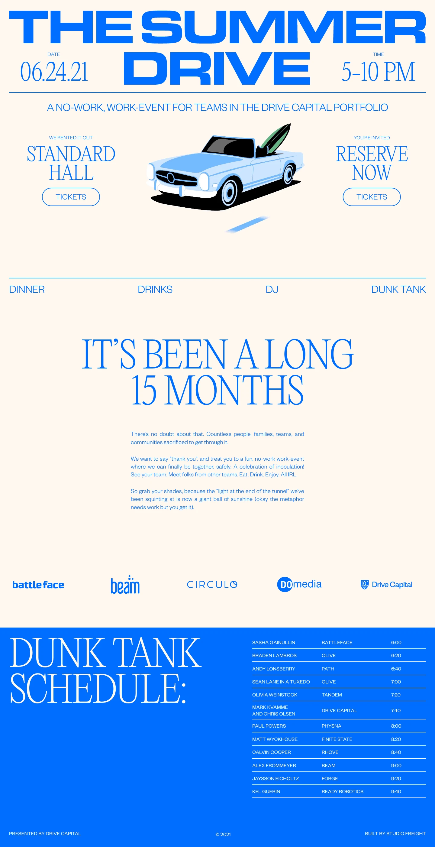 The Summer Drive Landing Page Example: A No-Work, Work-Event for Teams in the Drive Capital Portfolio.