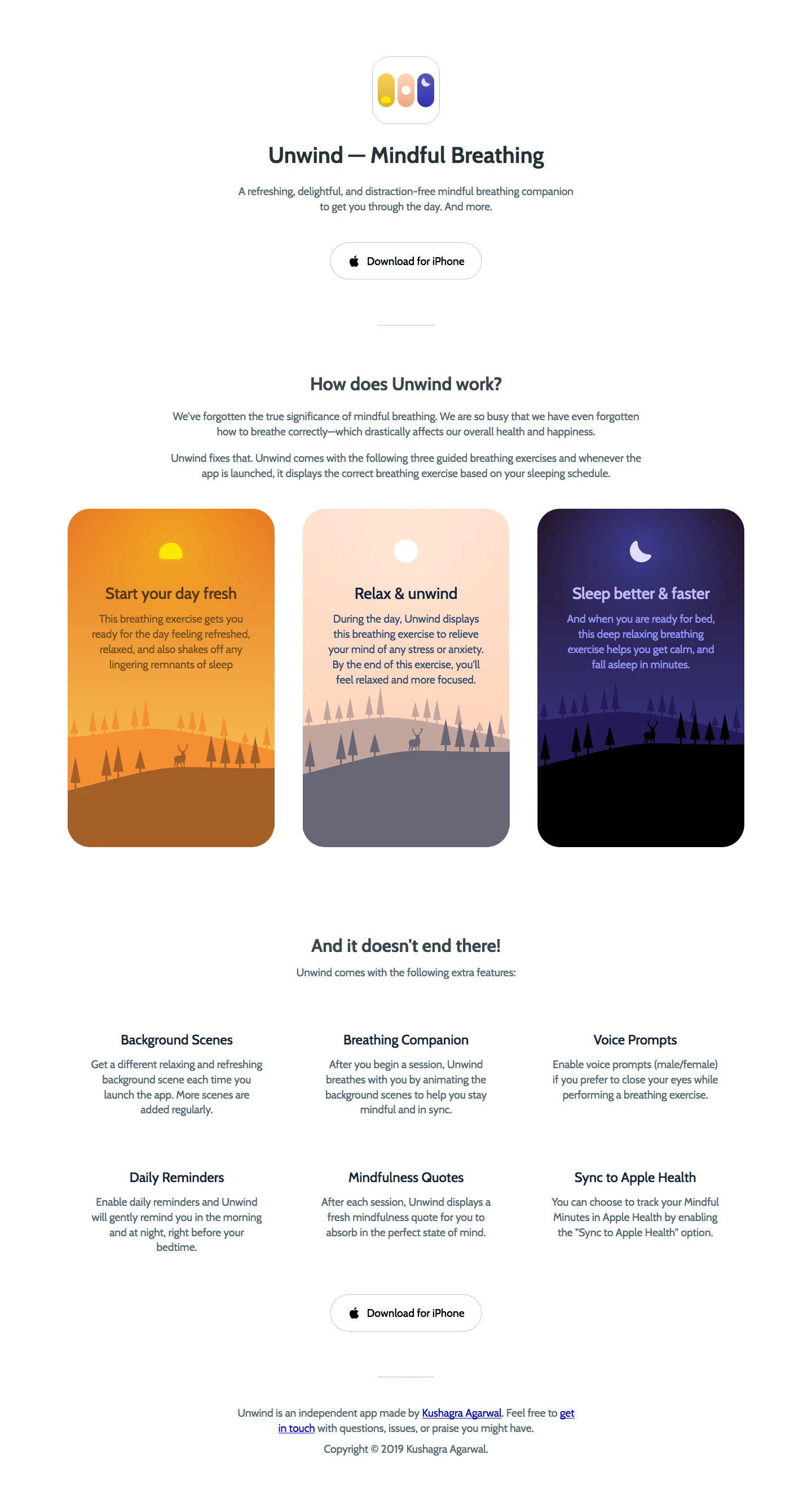 Unwind Landing Page Example: A refreshing, delightful, and distraction-free mindful breathing companion to get you through the day. And more.