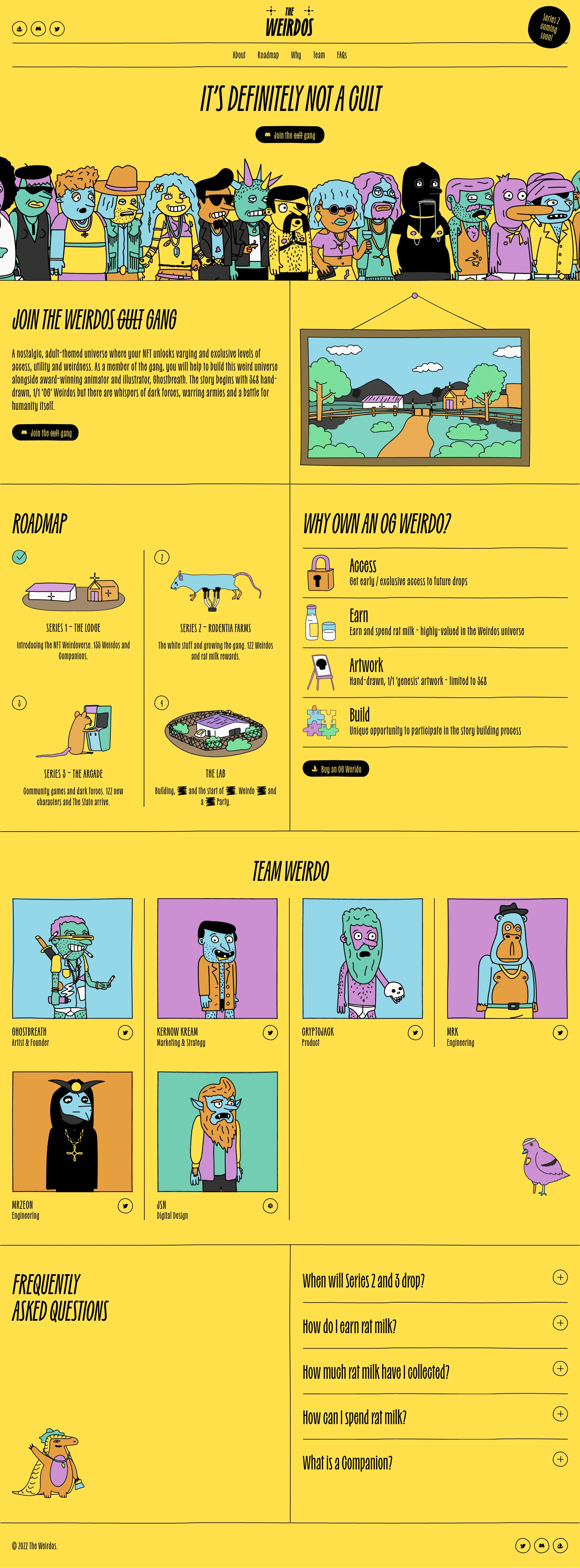 The Weirdos Landing Page Example: The Weirdos is not a cult! It's a gang of nostalgic, adult-themed NFTs, which represent your membership to a curious, creative and weird community.