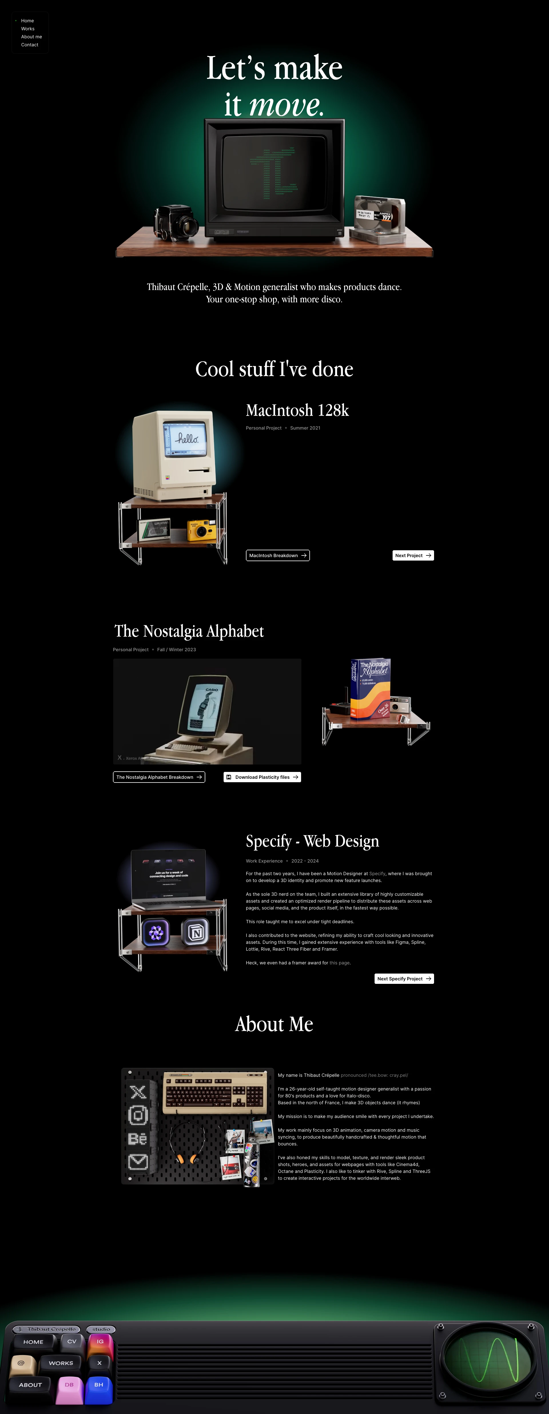 Thibaut Crépelle Landing Page Example: Thibaut Crépelle, 3D & Motion generalist who makes products dance. Your one-stop shop, with more disco.