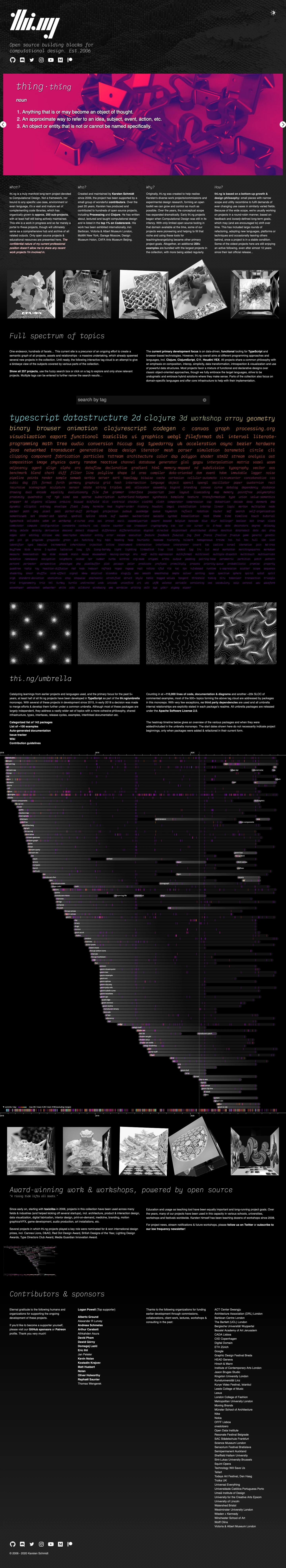thi.ng Landing Page Example: thi.ng is a set of ~250 complementing code libraries & projects, a long-term project devoted to Computational Design.