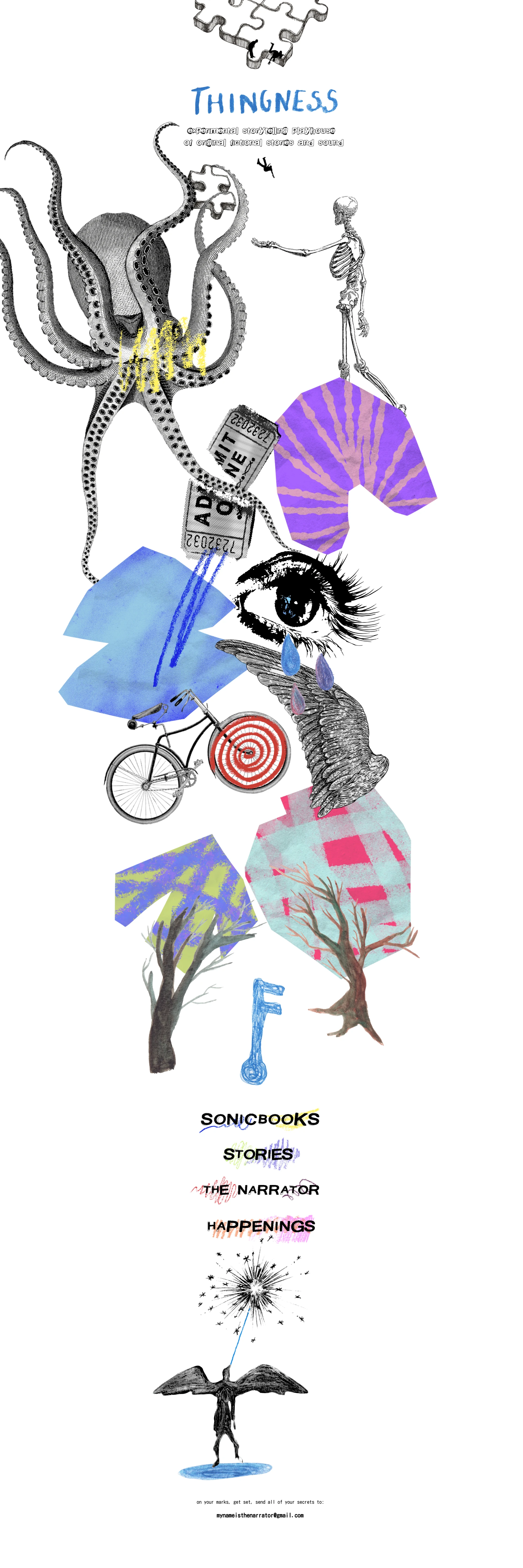 thingness.world Landing Page Example: Experimental storytelling playhouse of original fictional stories and sound.