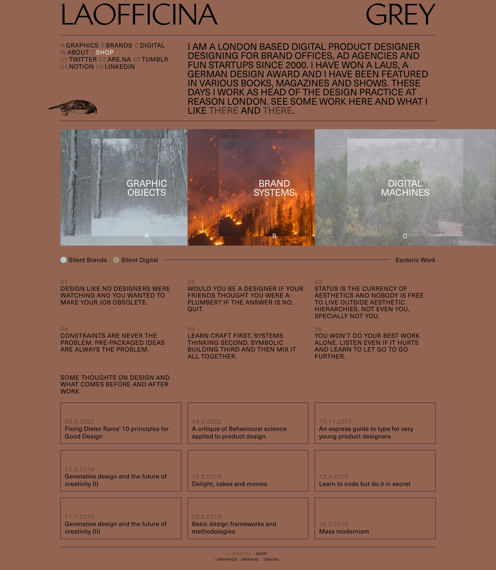 ThisisGrey Landing Page Example: A London designer working hard to unite brand, graphic and experience into one unholy trinity.