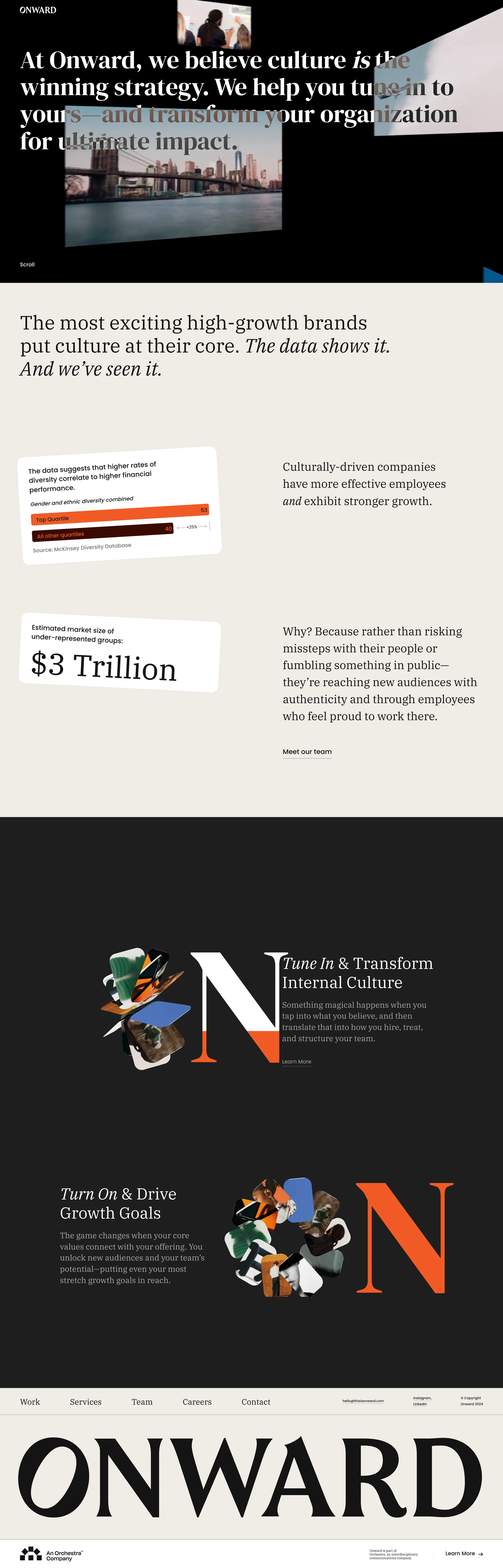 Onward Landing Page Example: At Onward, we believe culture is the winning strategy. We help you tune in to yours—and transform your organization for ultimate impact.