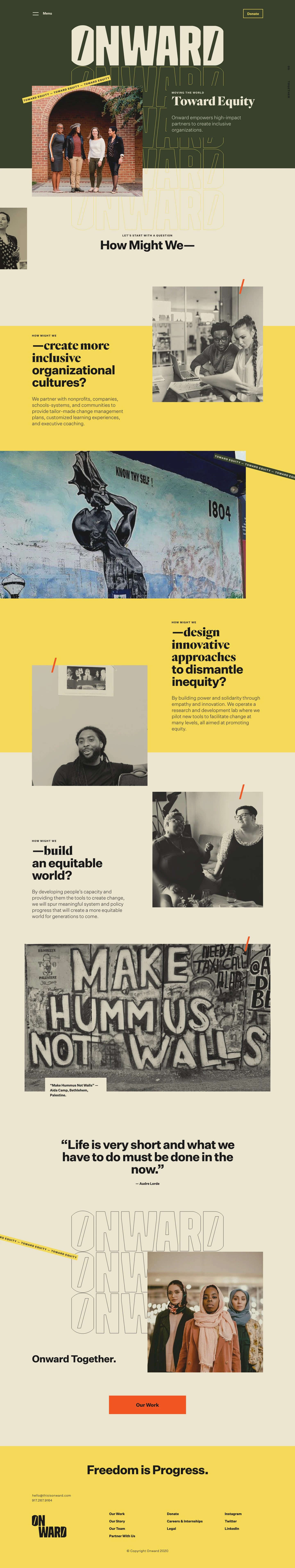 Onward Landing Page Example: Onward offers professional consulting to high-impact partners and operates an R&D lab, using human-centered design to dismantle systems of oppression.