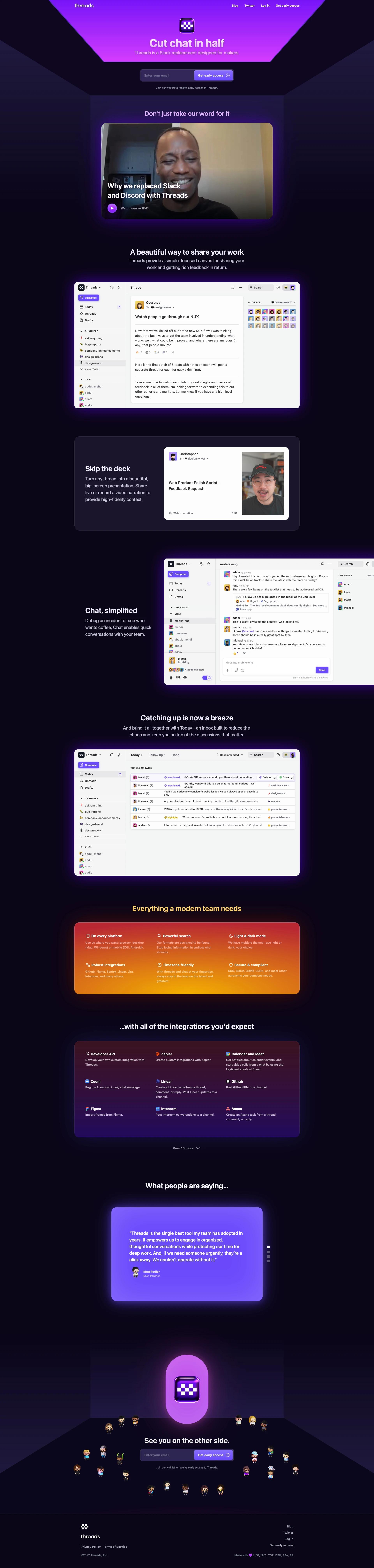 Threads Landing Page Example: Cut chat in half. Threads replaces Slack for teams looking to never drop the ball.