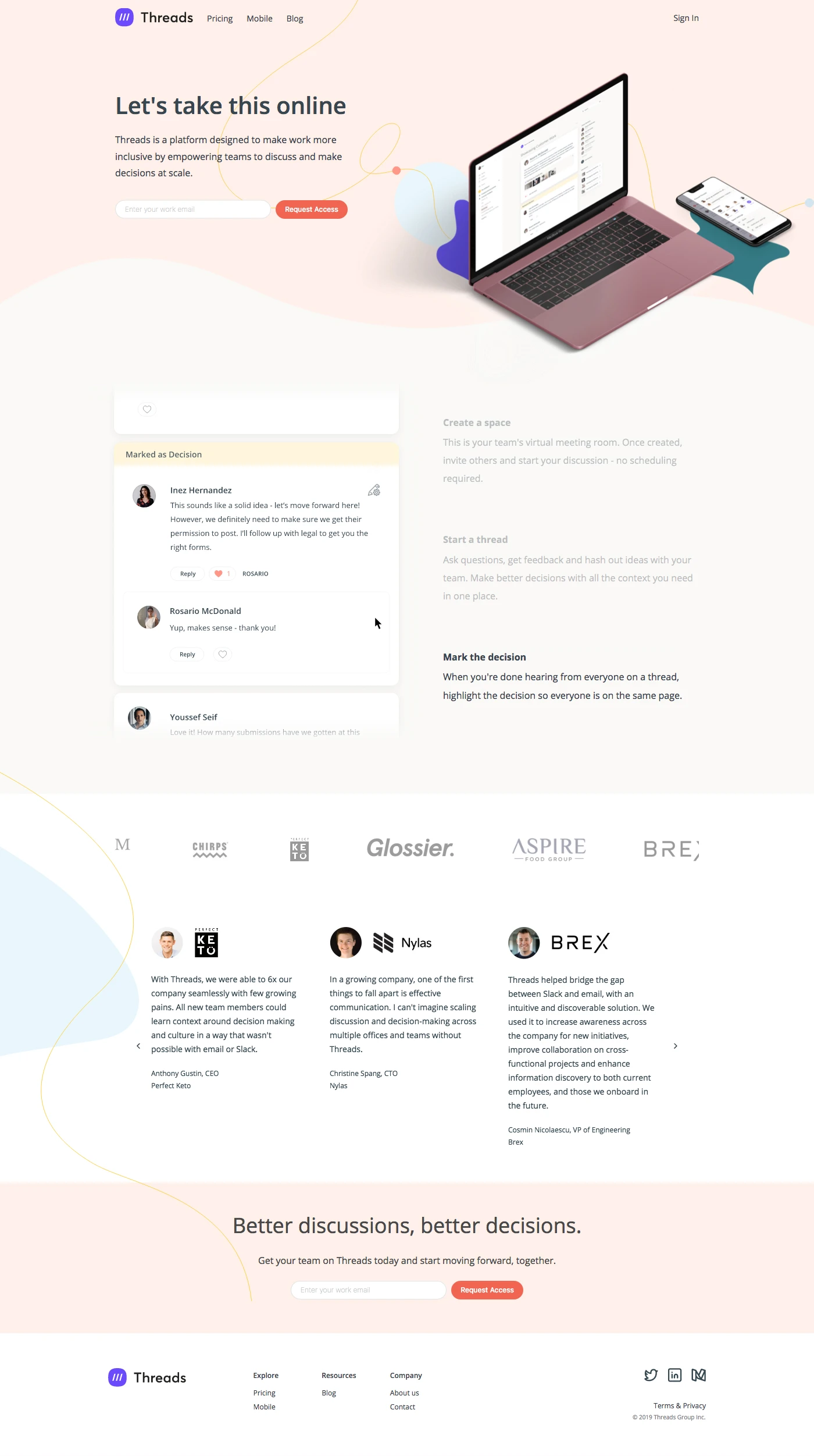 Threads Landing Page Example: Threads is a platform designed to make work more inclusive by empowering teams to discuss and make decisions at scale.