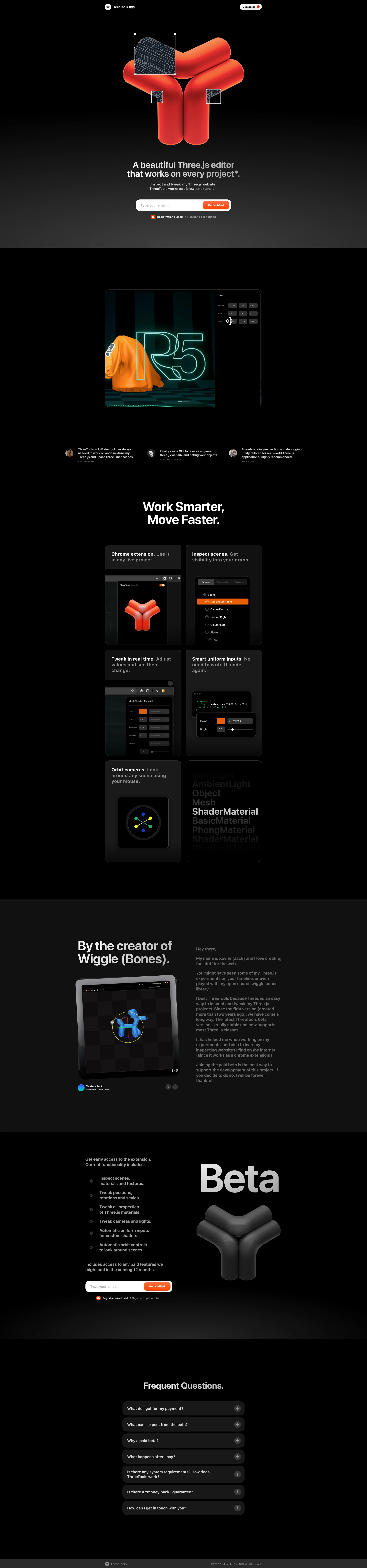 ThreeTools Landing Page Example: Inspect and tweak any Three.js website. ThreeTools works as a browser extension.