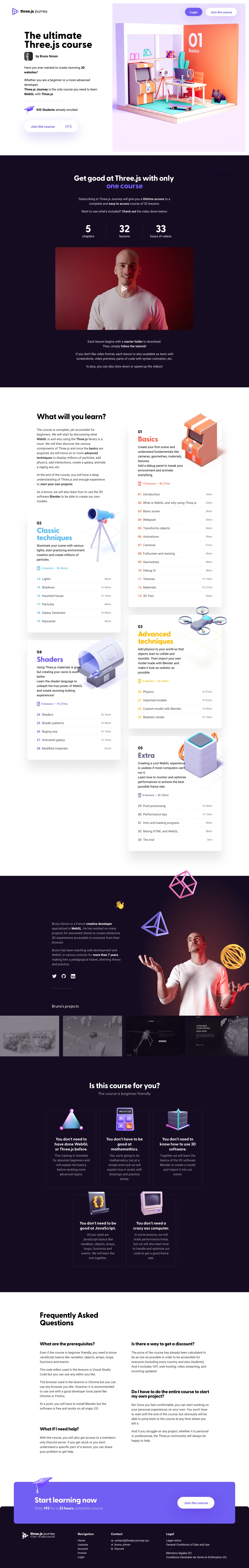 Three.js Journey Landing Page Example: The ultimate Three.js course whether you are a beginner or a more advanced developer.
