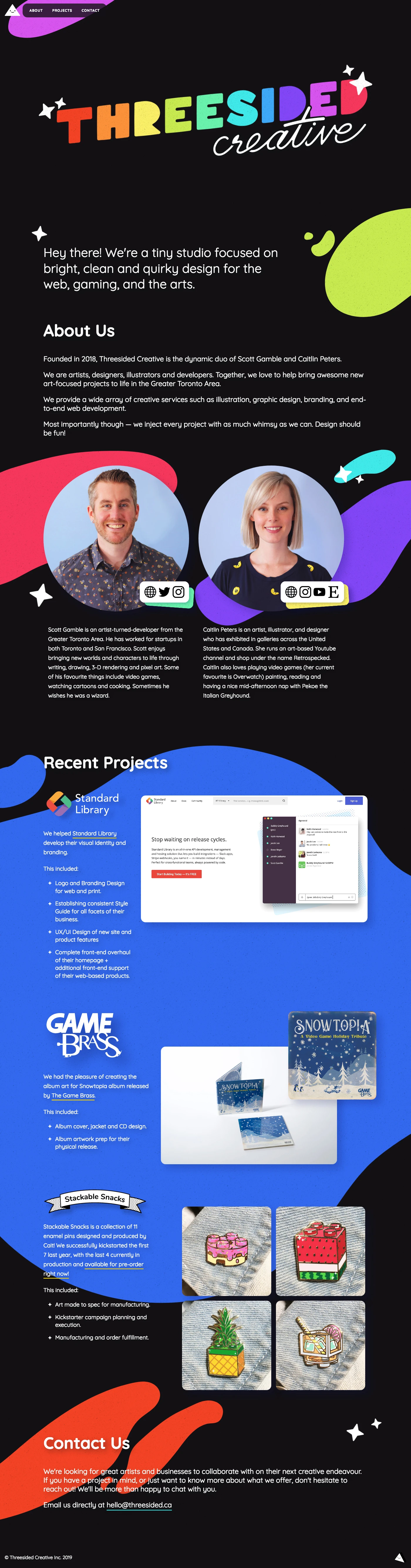 Threesided Creative Landing Page Example: Founded in 2018, Threesided Creative is the dynamic duo of Scott Gamble and Caitlin Peters. We are artists, designers, illustrators and developers. Together, we love to help bring awesome new art-focused projects to life in the Greater Toronto Area.