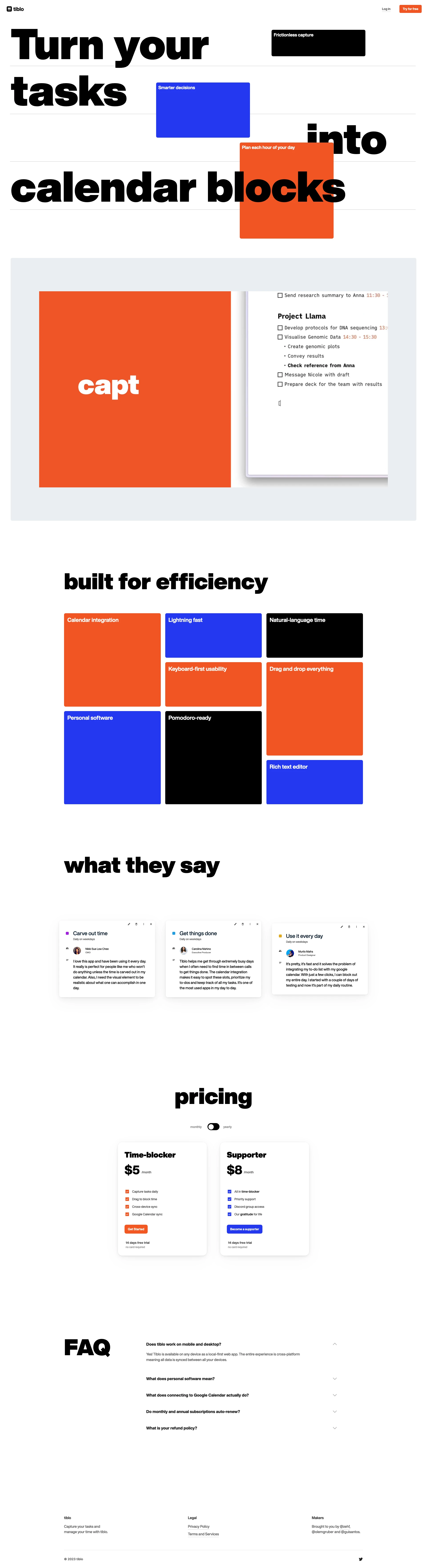 tiblo Landing Page Example: tiblo is a personal to-do software for the “if it's not on my calendar, it doesn't exist” kind of people. Turn your tasks into calendar blocks and take back control of your time!