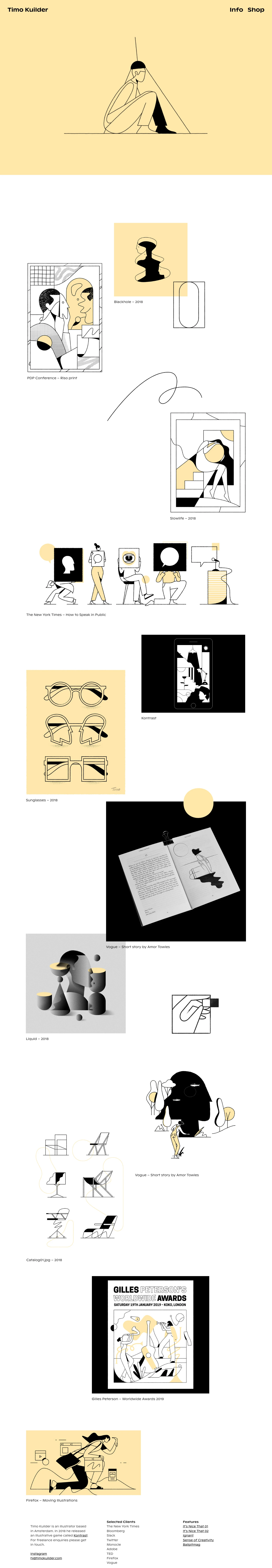 Timo Kuilder Landing Page Example: Timo Kuilder is an illustrator based in Amsterdam. In 2018 he released an illustrative game called Kontrast.