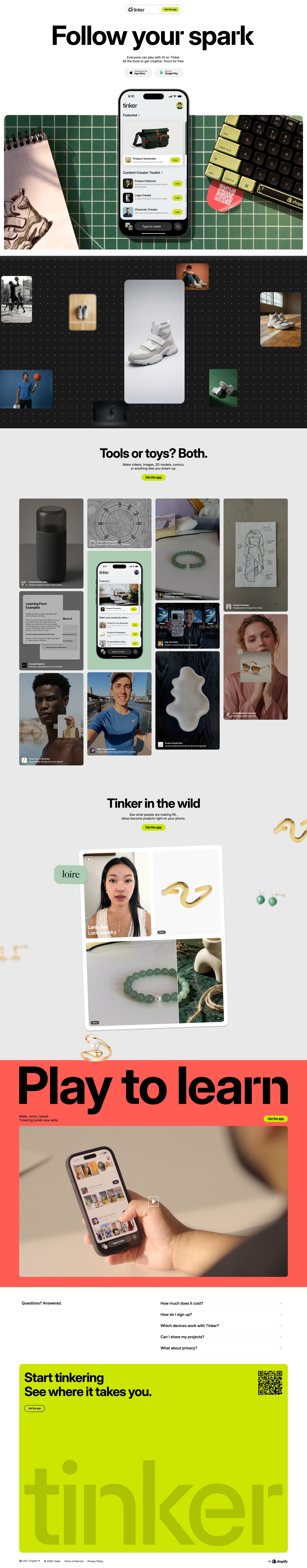 Tinker Landing Page Example: Make videos, images, 3D models, comics, and more with AI. Free creative tools to learn by playing. Download on iOS and Android.