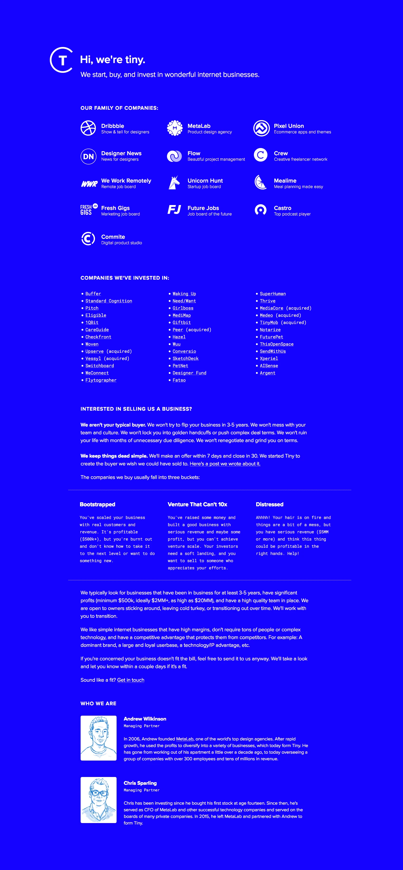 Tiny Landing Page Example: We start, buy, and invest in wonderful internet businesses