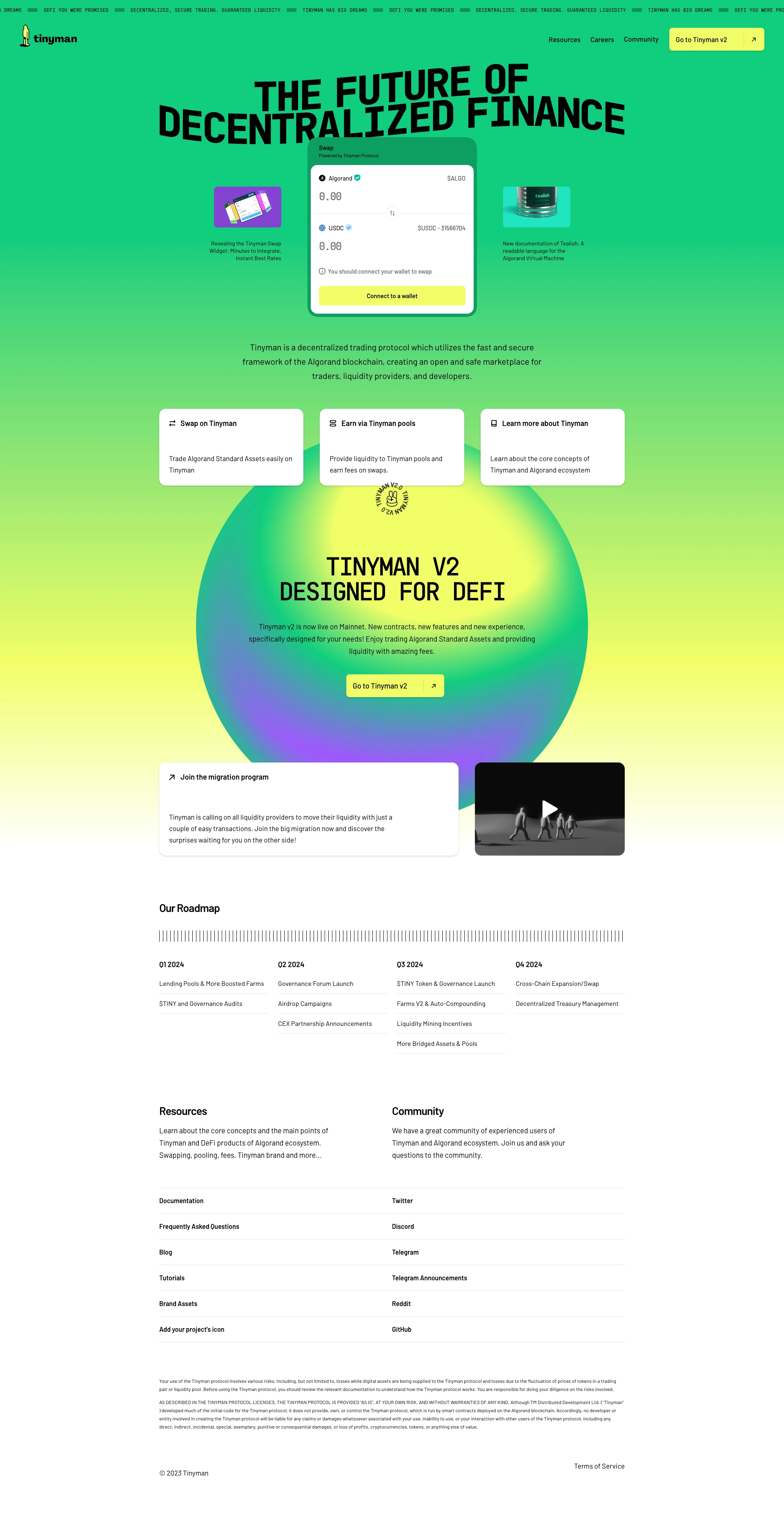 Tinyman Landing Page Example: Tinyman is a decentralized trading protocol which utilizes the fast and secure framework of the Algorand blockchain, creating an open and safe marketplace for traders, liquidity providers, and developers.
