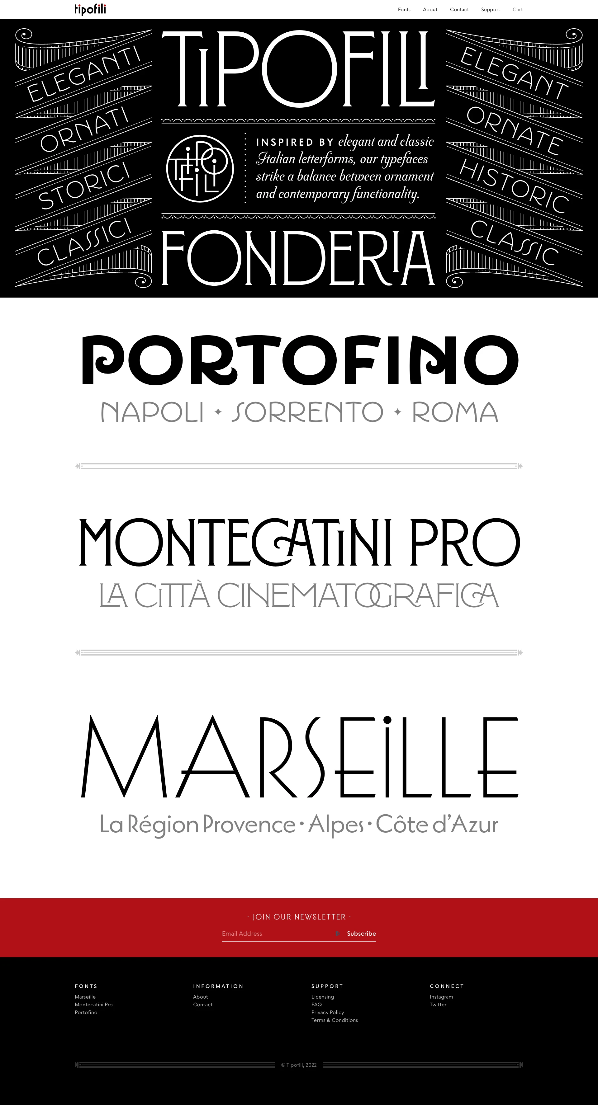 Tipofili Landing Page Example: Tipofili is the type foundry of Louise Fili, Andy Anzollitto, and Matthew Smith, which sells retail fonts, and designs custom typefaces and lettering for brands.