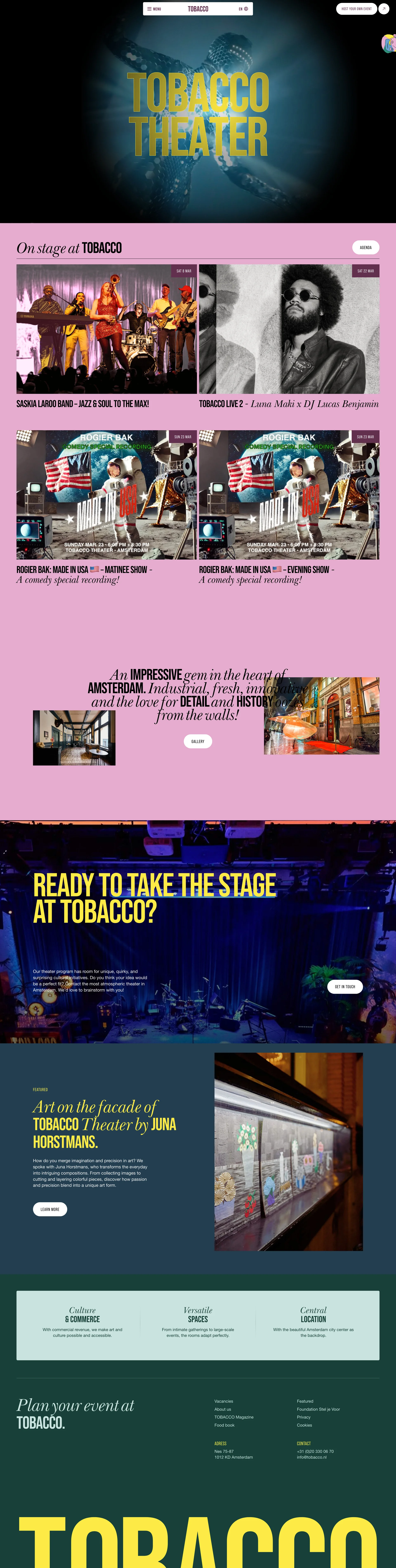 TOBACCO Theater Landing Page Example: Discover TOBACCO Theater, a unique event venue in Amsterdam for conferences, corporate parties, seminars, product presentations and more.