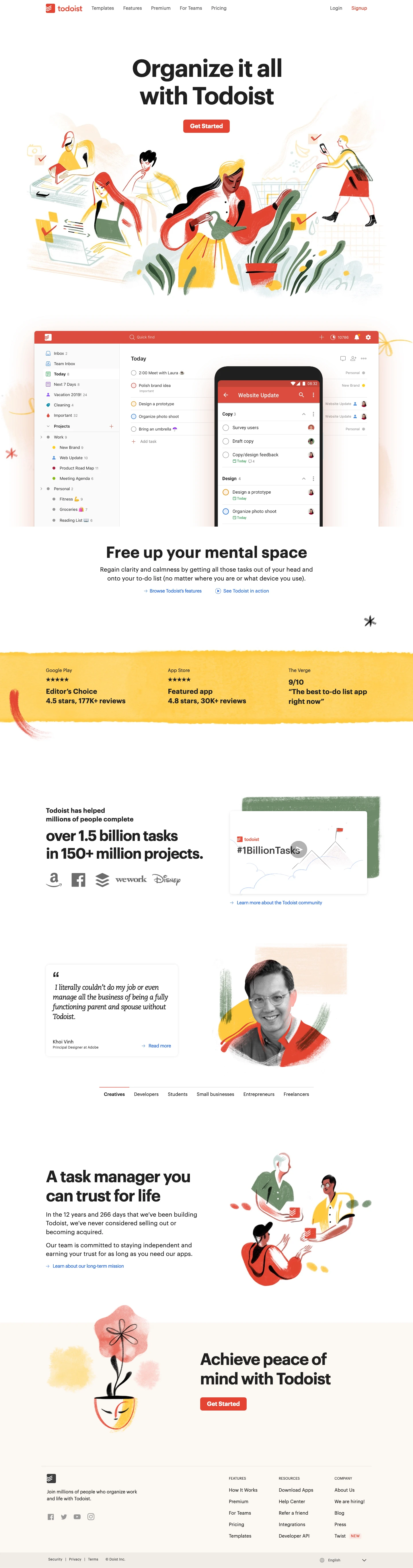 Todoist Landing Page Example: Join 20 million people and teams that organize, plan, and collaborate on tasks and projects with Todoist. \"The best to-do list\" by The Verge.
