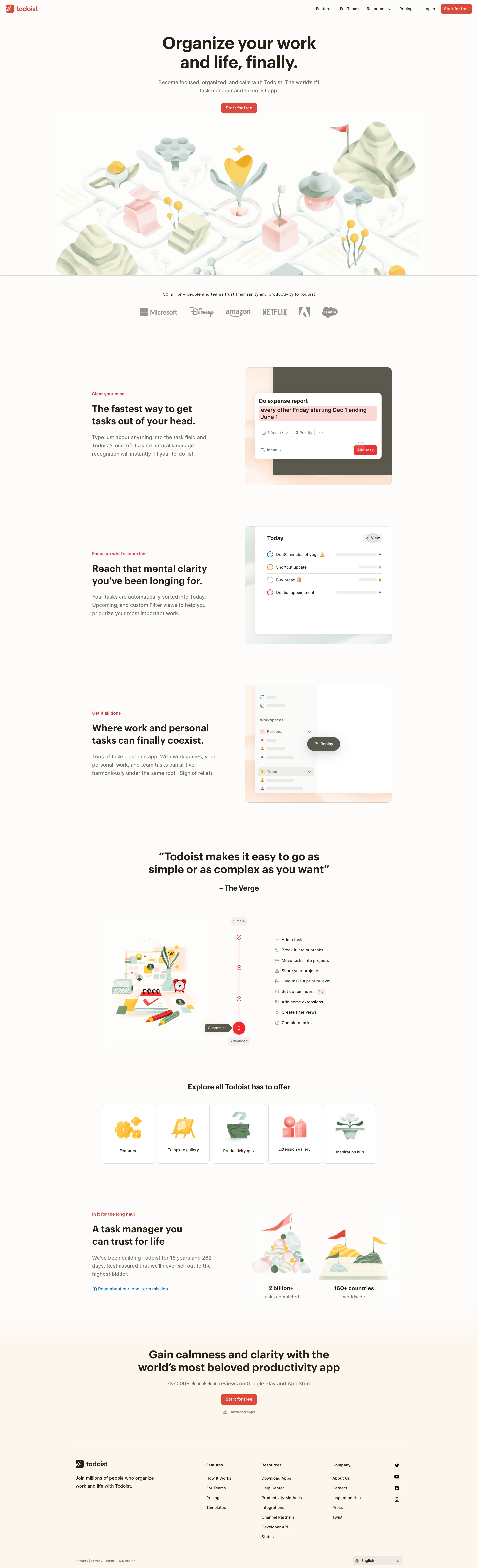 Todoist Landing Page Example: Organize your work and life, finally. Become focused, organized, and calm with Todoist. The world’s #1 task manager and to-do list app.