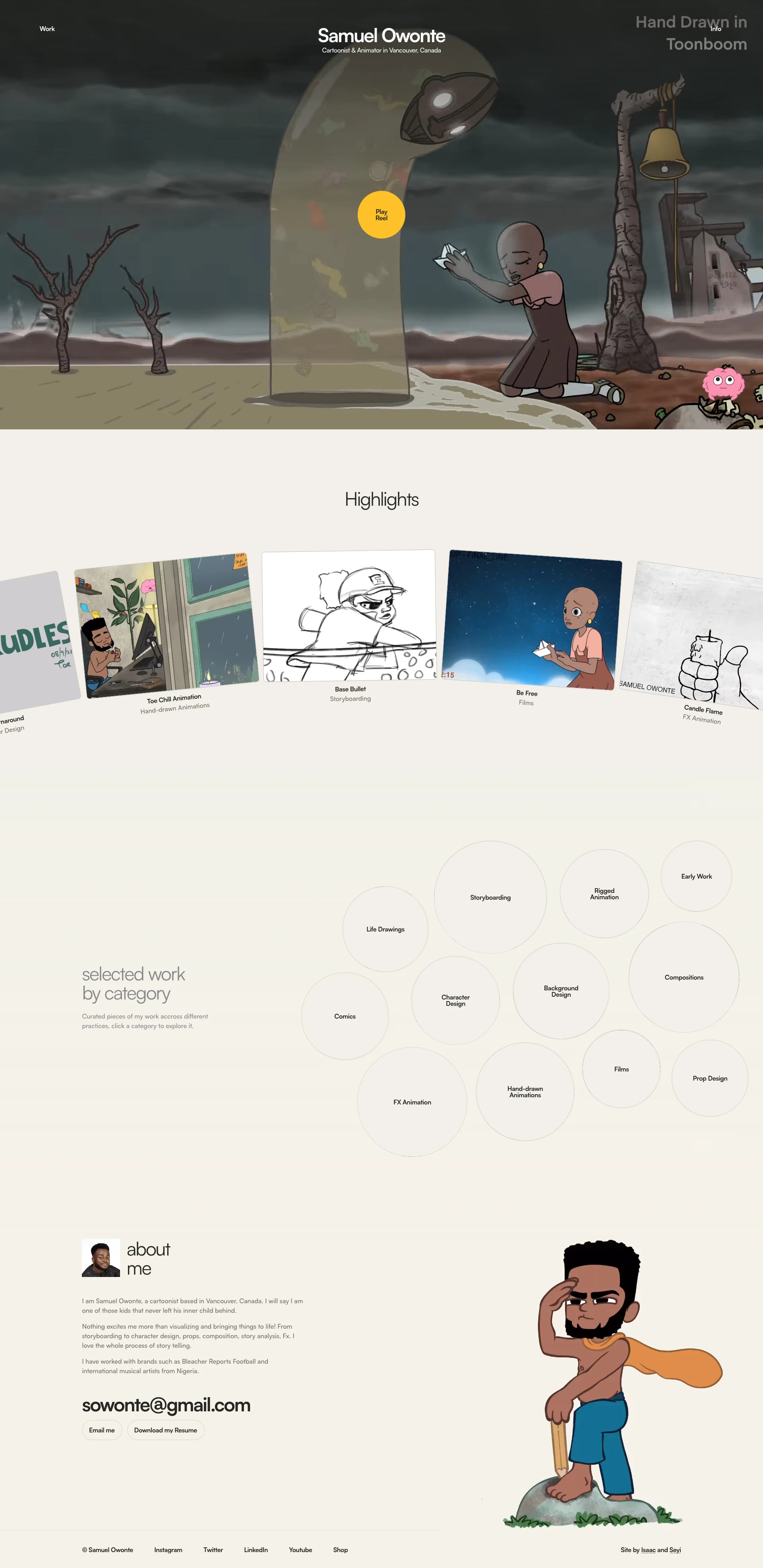 Samuel Owonte Landing Page Example: I am Samuel Owonte, a cartoonist based in Vancouver, Canada. I will say I am one of those kids that never left his inner child behind.