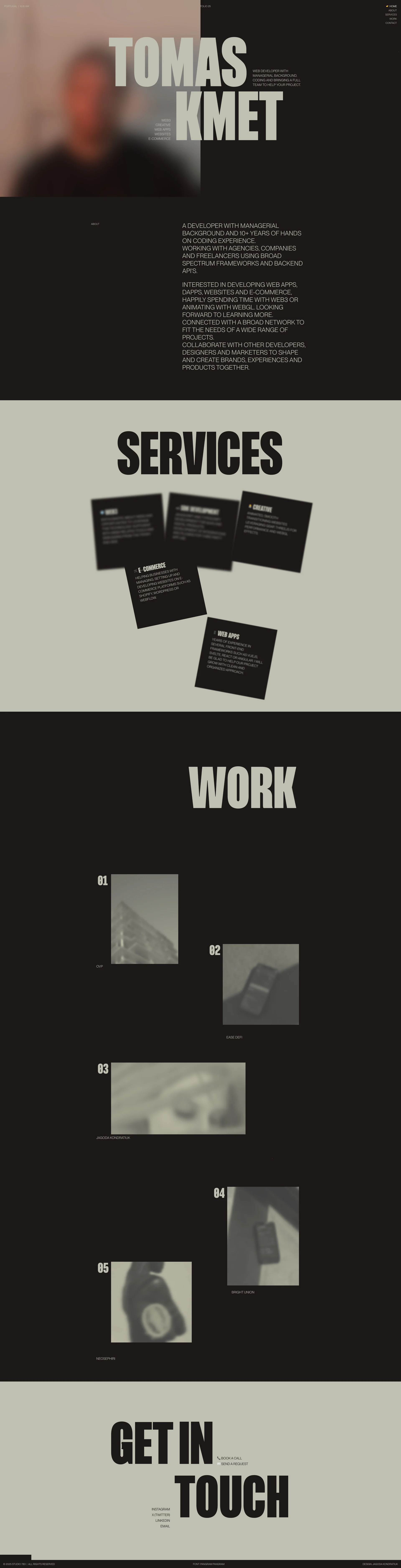 Tomas Kmet Landing Page Example: A developer with managerial background and 10+ years of hands-on coding experience. Working with agencies, companies, and freelancers using broad spectrum frameworks and backend APIs. Interested in developing web apps, dapps, websites, and e-commerce, happily spending time with Web3 or animating with WebGL.