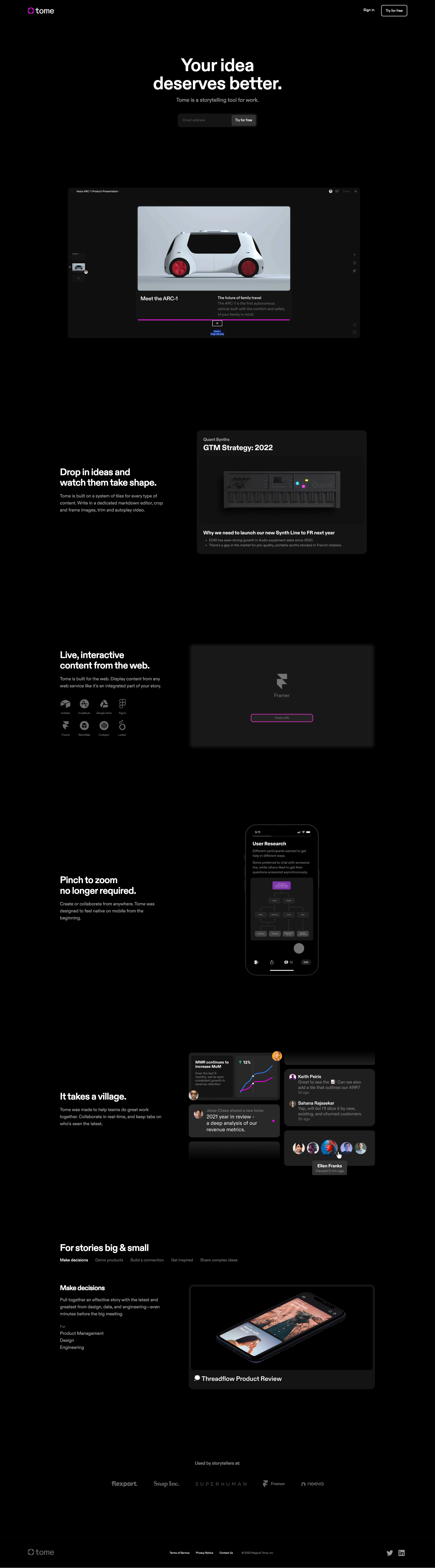 Tome Landing Page Example: Bring ideas to life in seconds using video, interactivity, and live data.