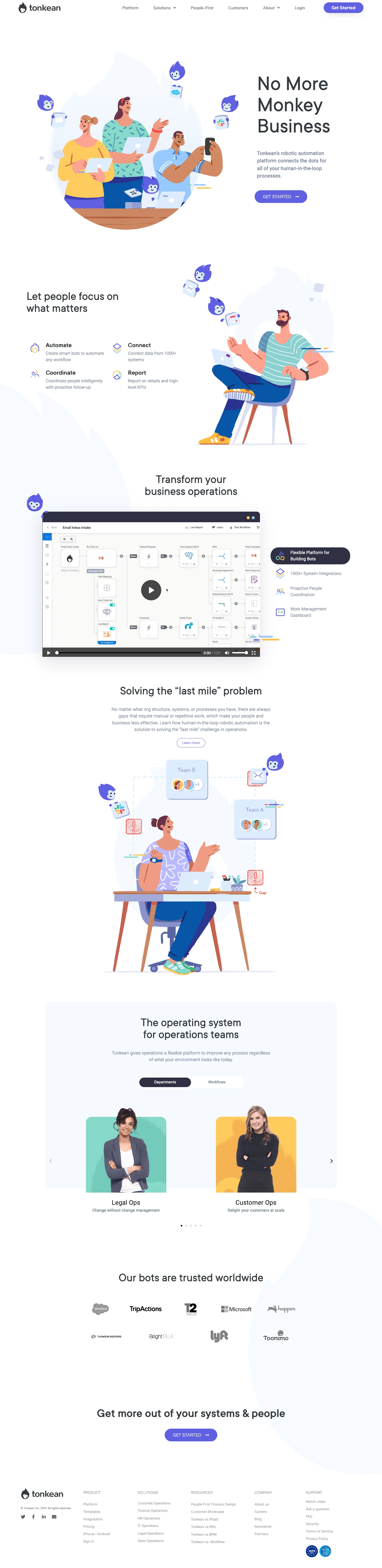 Tonkean Landing Page Example: No more monkey business. Tonkean’s robotic automation platform connects the dots for all of your human-in-the-loop processes.