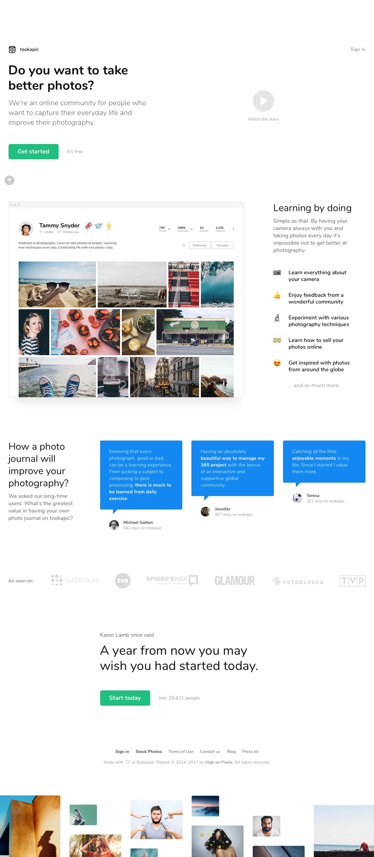 tookapic Landing Page Example: We’re an online community for people who want to capture their everyday life and improve their photography.