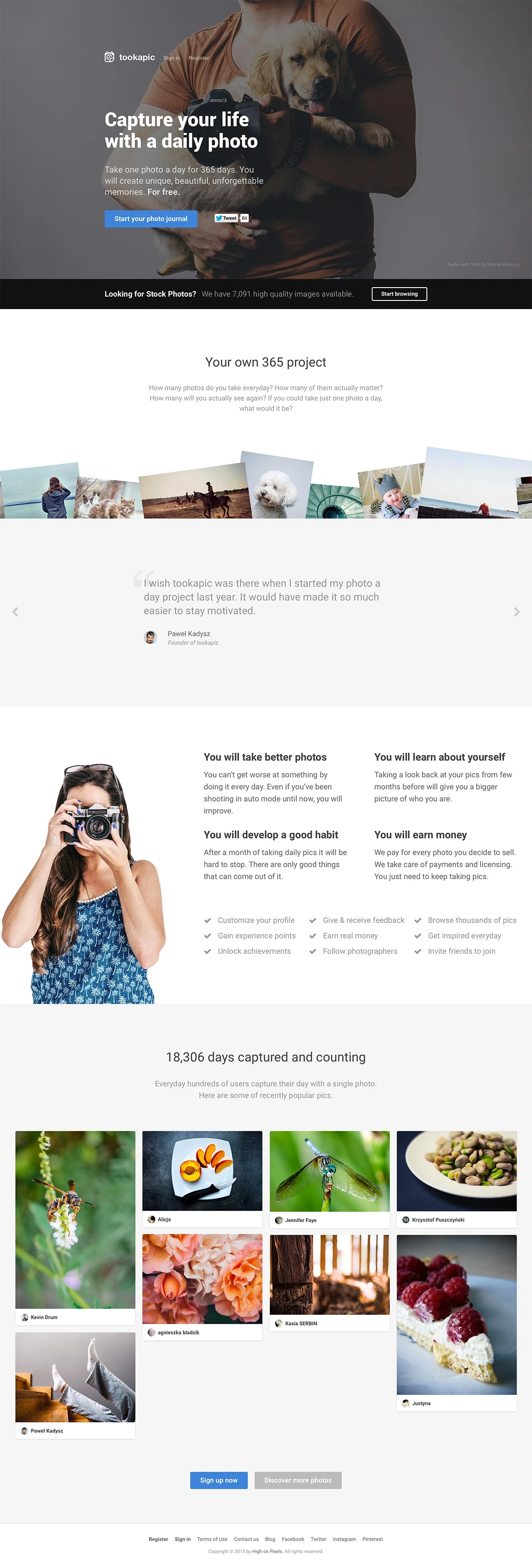 Tookapic Landing Page Example: Tookapic was made to help you develop a habit of daily photo taking in a fun and addictive way.