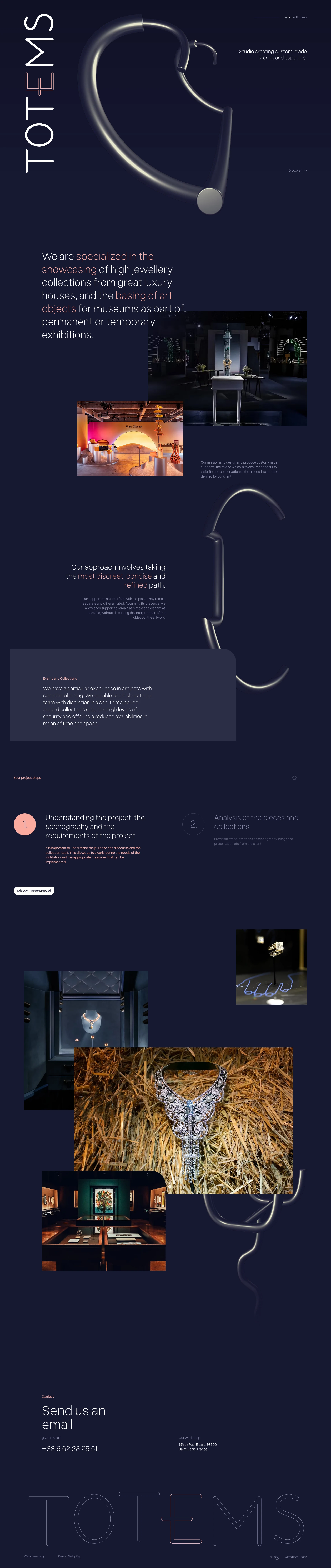 Totems Landing Page Example: Creation of custom-made stands and supports for presenting high jewellery collections from great luxury houses and art objects for museums.