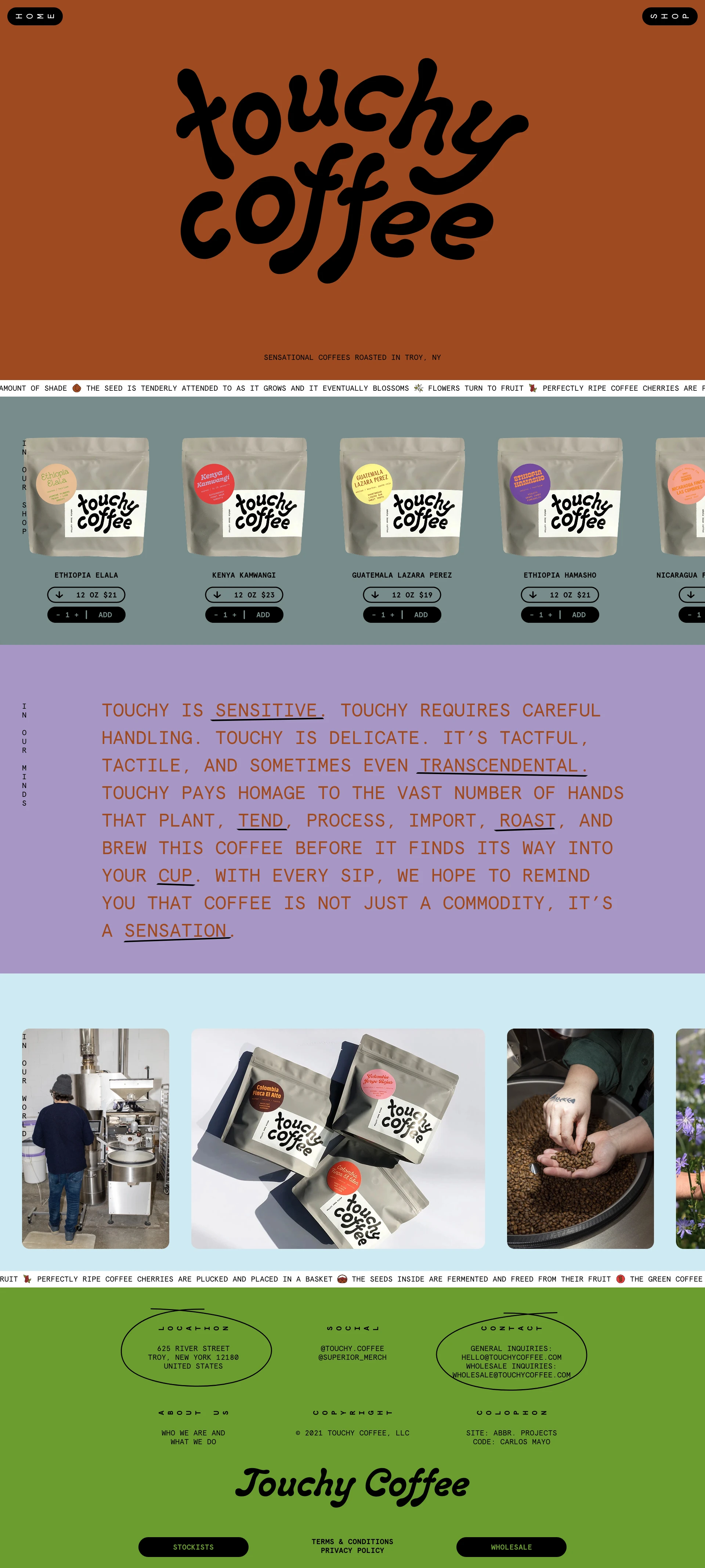 Touchy Coffee Landing Page Example: Touchy is sensitive. Touchy requires careful handling. Touchy is delicate. It’s tactful, tactile, and sometimes even transcendental. Touchy pays homage to the vast number of hands that plant, tend, process, import, roast, and brew this coffee before it finds it’s way into your cup.