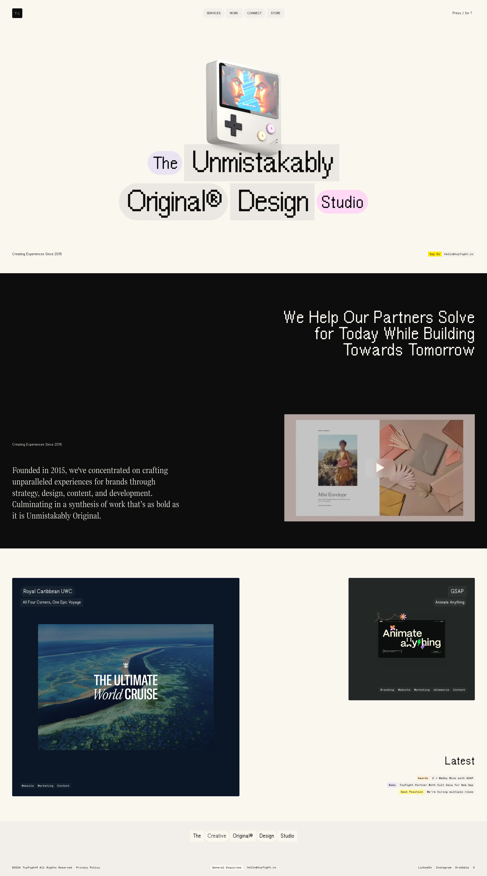 ToyFight Landing Page Example: We help our partners solve for today while building towards tomorrow. Our ethos is anchored in the creation of experiences that feel Unmistakably Original.