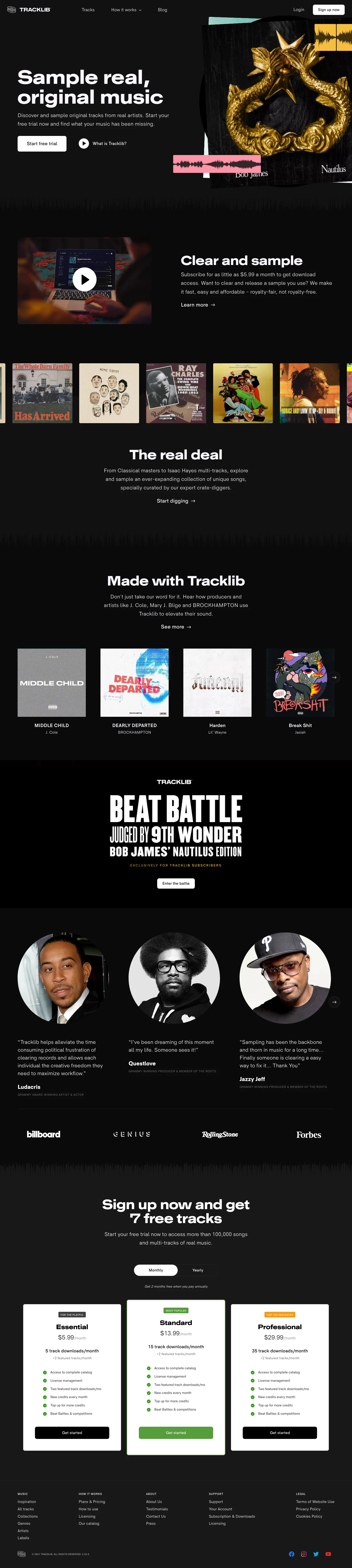 Tracklib Landing Page Example: Tracklib is the only service where anyone can legally clear samples from real music. From Isaac Hayes to Mozart, we got it.