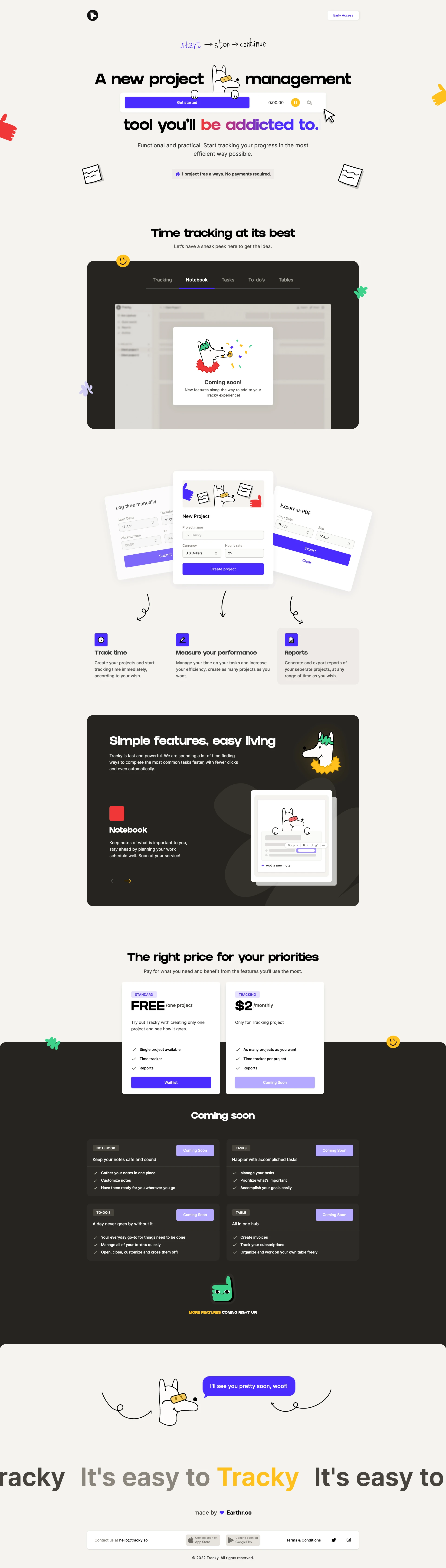 Tracky Landing Page Example: A time management tool with a beautiful interface, designed to help you manage your time and priorities.
