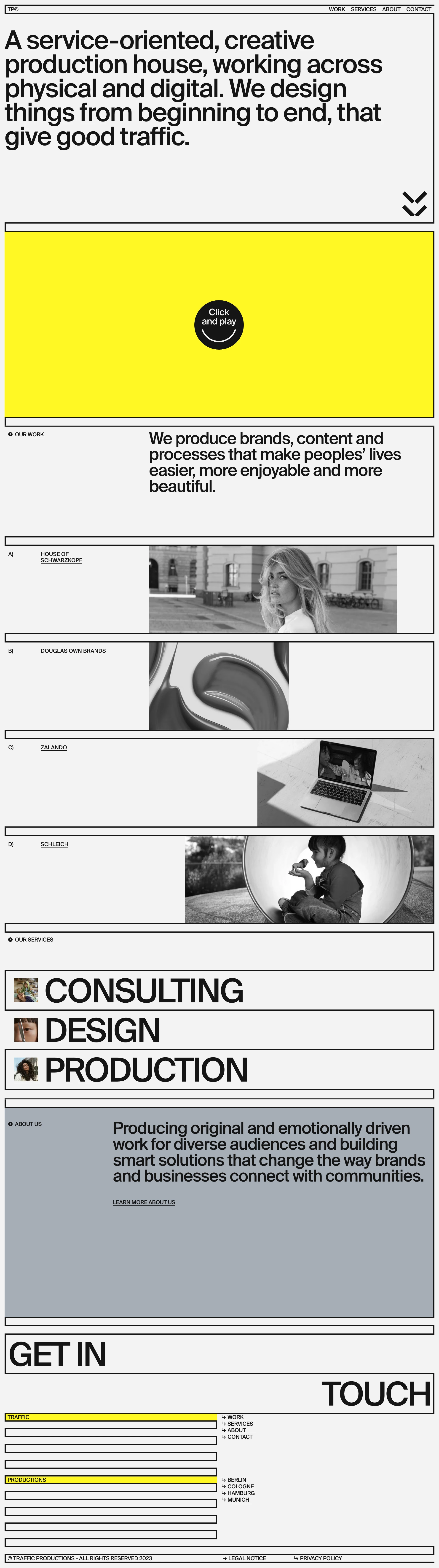 Traffic Productions Landing Page Example: A service-oriented, creative production house, working across physical and digital. We design things from beginning to end, that give good traffic.