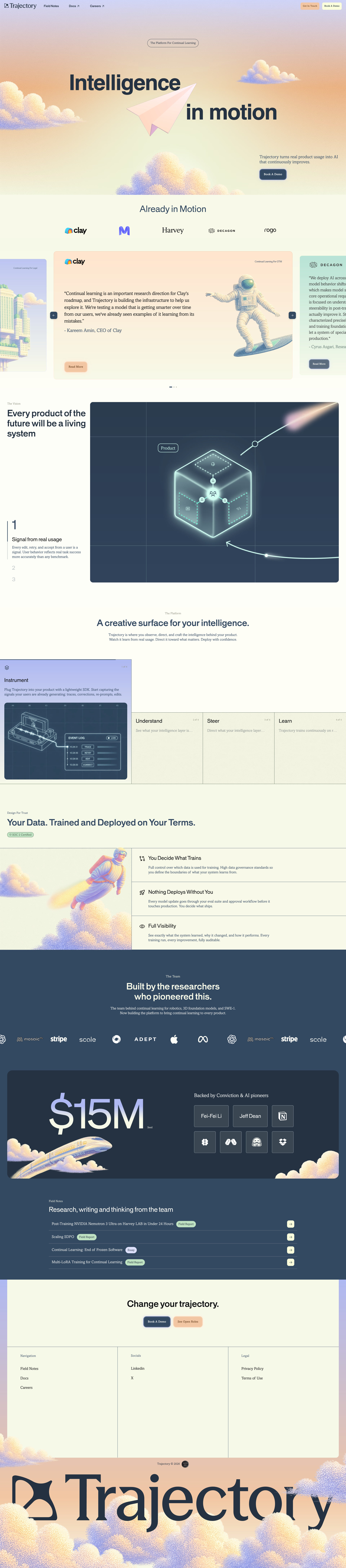 Trajectory Landing Page Example: Research lab and product company building the platform for continual learning.