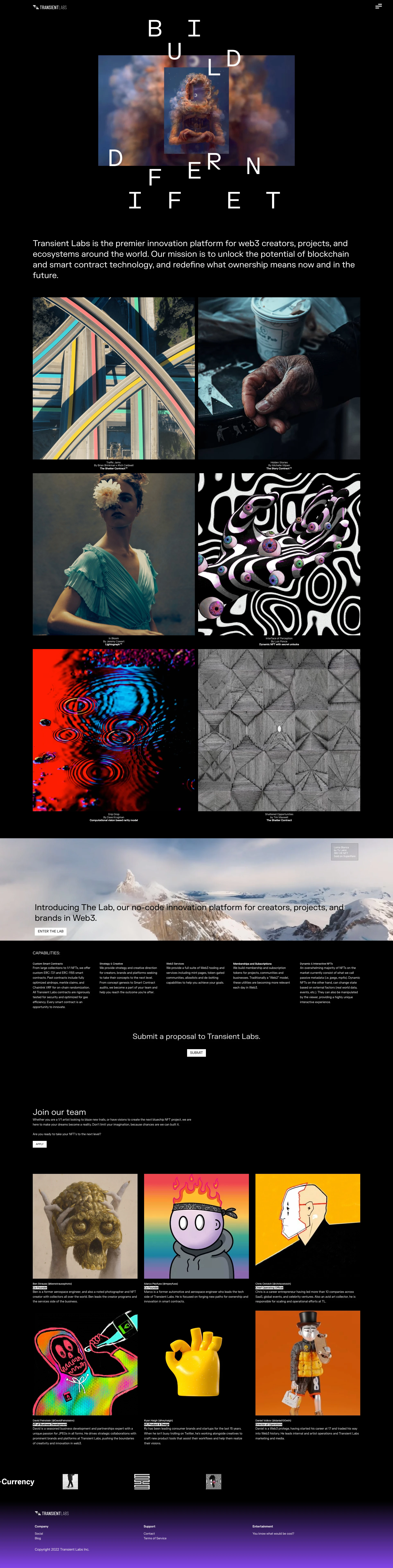 Transient Labs Landing Page Example: Transient Labs is the premier innovation platform for web3 creators, projects, and ecosystems around the world. Our mission is to unlock the potential of blockchain and smart contract technology, and redefine what ownership means now and in the future.